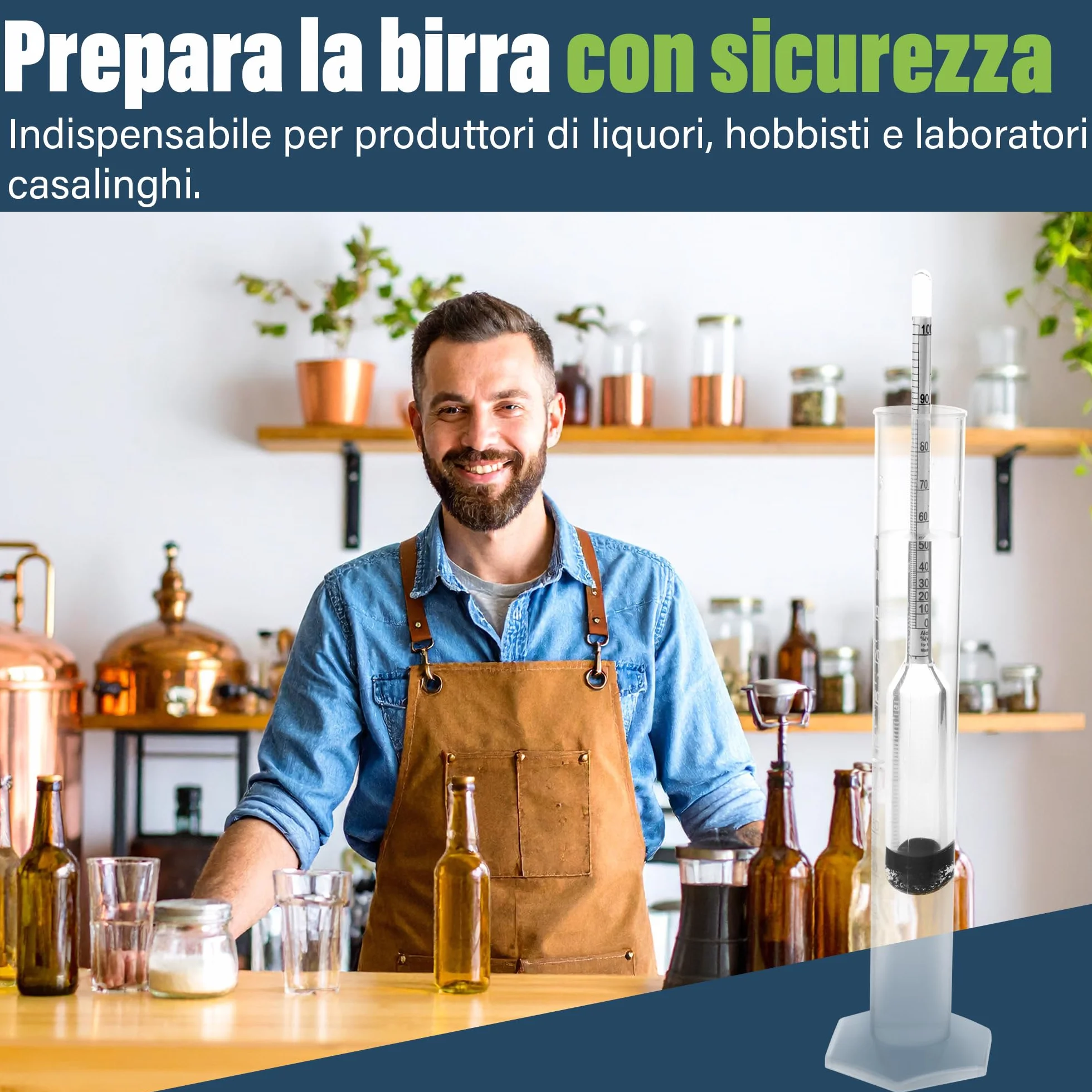Alcolimetro 0-100% per distillati con idrometro 23 cm e provetta 100 ml