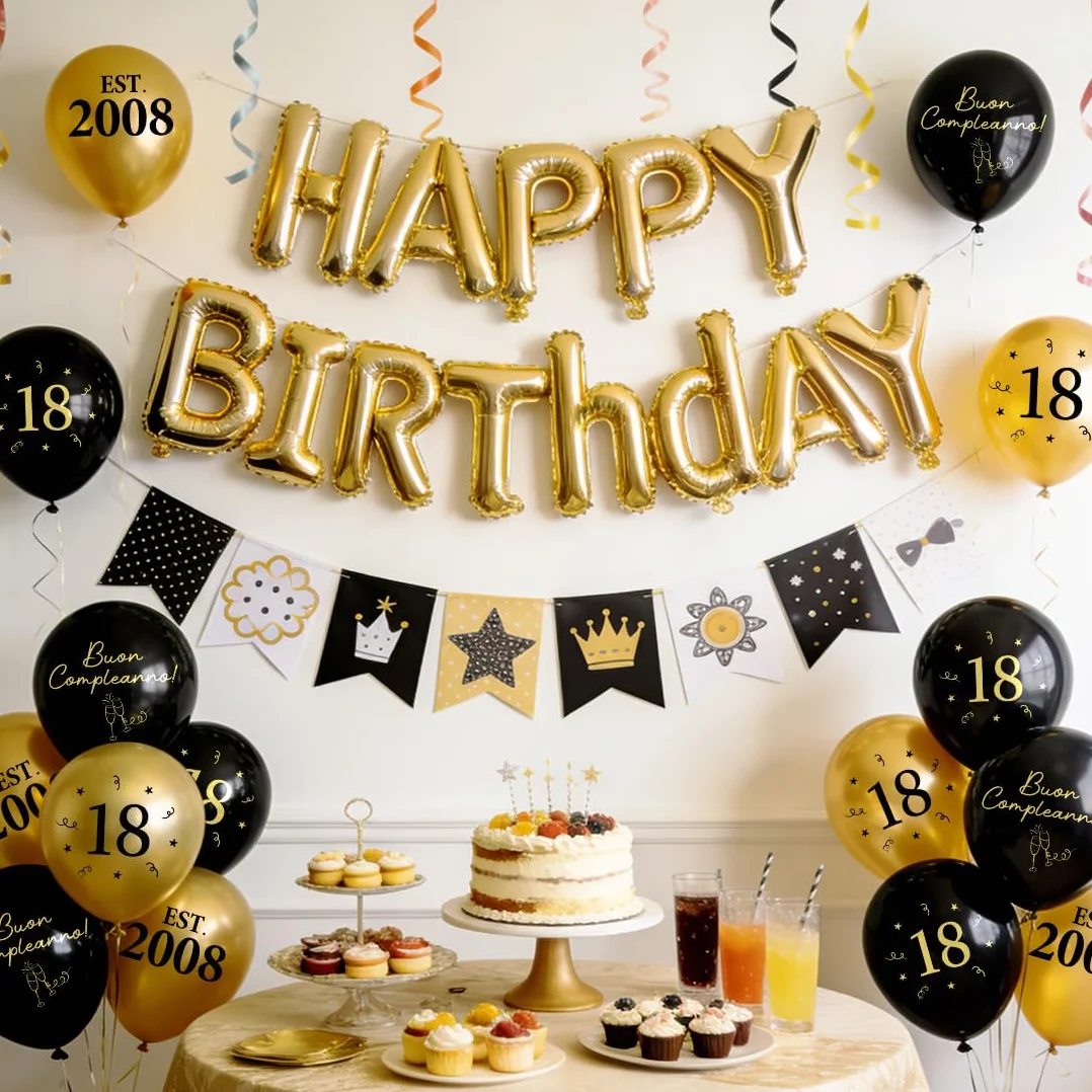 Decorazione per 18° Compleanno Nero Oro, Palloncini 18 Anni, 2008 Buon Compleanno Ragazzi Ragazze