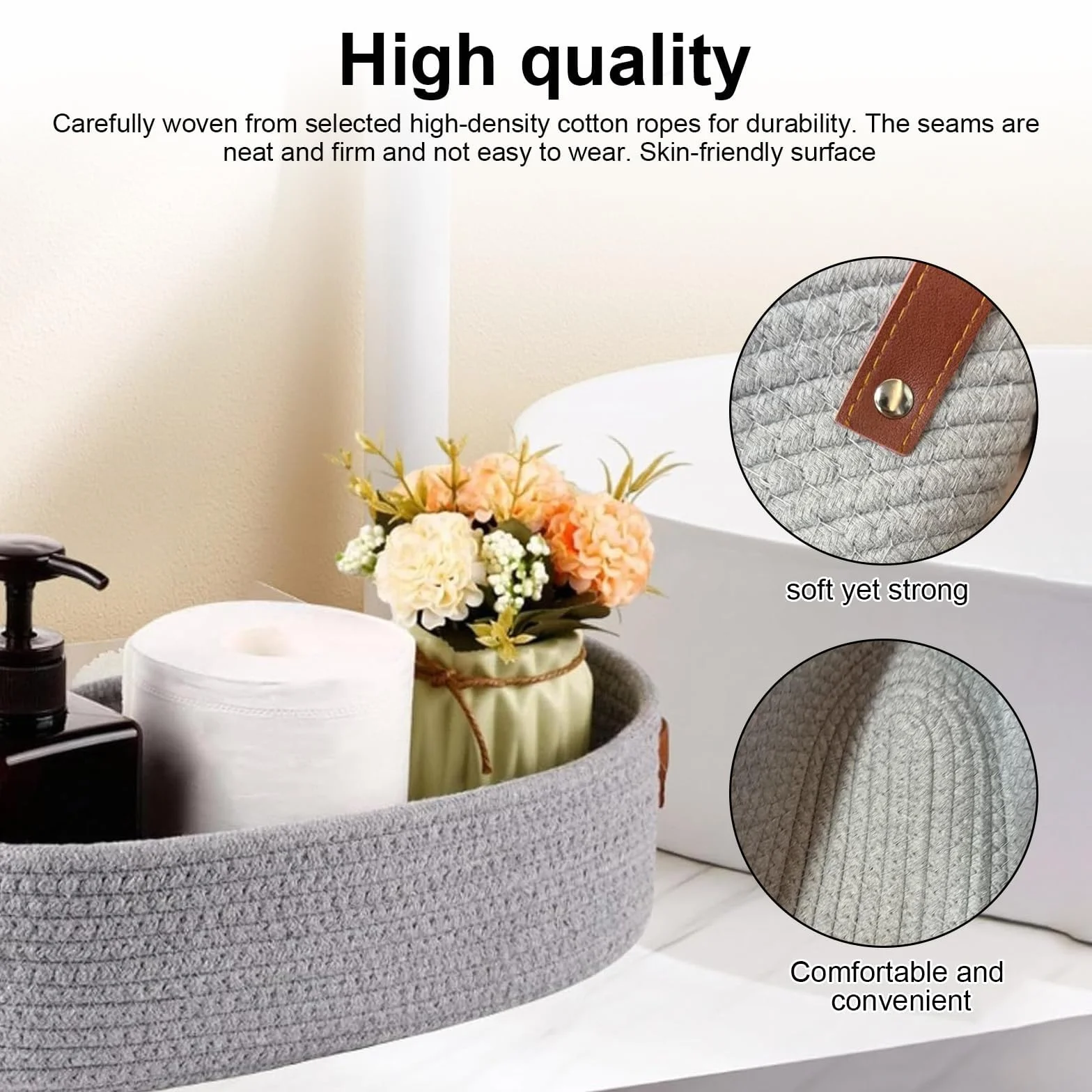 Organizer Bagno Portaoggetti Cestino Corda Cotone 35x15x10 cm Grigio
