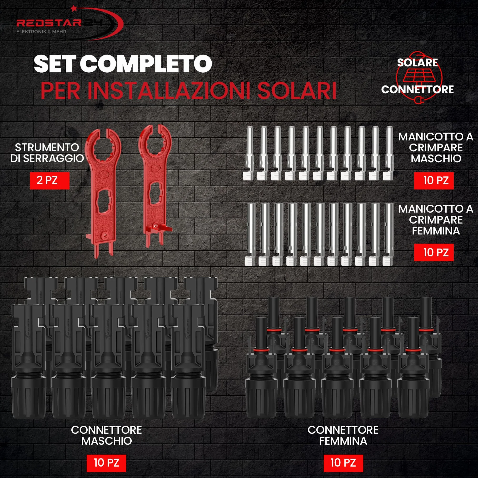 RedStar24 Set Pinze Crimpatura Solare 2,5/4/6mm² con 10 Connettori Maschio & Femmina, 2 Chiavi per Montaggio, Crimpatrice per Cavi Solari PV e Impianti fotovoltaico