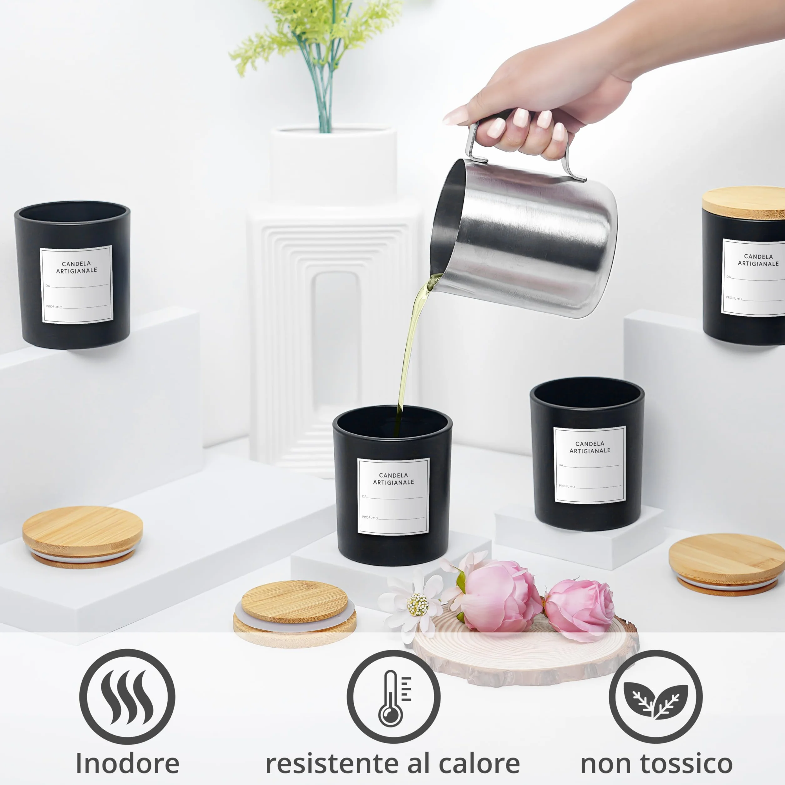 Winter Shore 270ml Barattoli per Candele [Pacco da 12] - Contenitori per Candele Vuoti Smerigliati Neri con Coperchi in Bambù, 15 Etichette Stampate e 15 in Bianco, Penna -Lavabili in Lavastoviglie