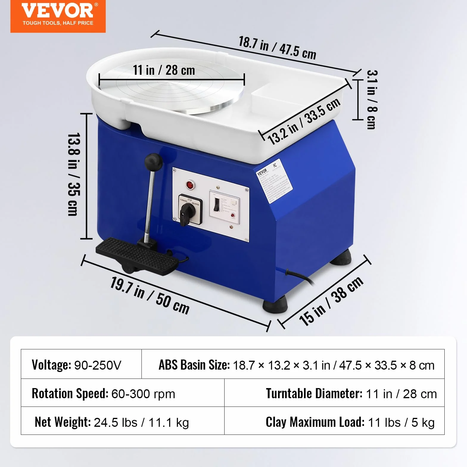 VEVOR Tornio per Ceramica Argilla con Pedale 350W Diametro 28cm Velocità 60-300 giri/min, Macchina Ruota di Ceramica Fai-da-te Hobbista Controllo Velocità Controllata 350W Livello Rumore entro 60 dB