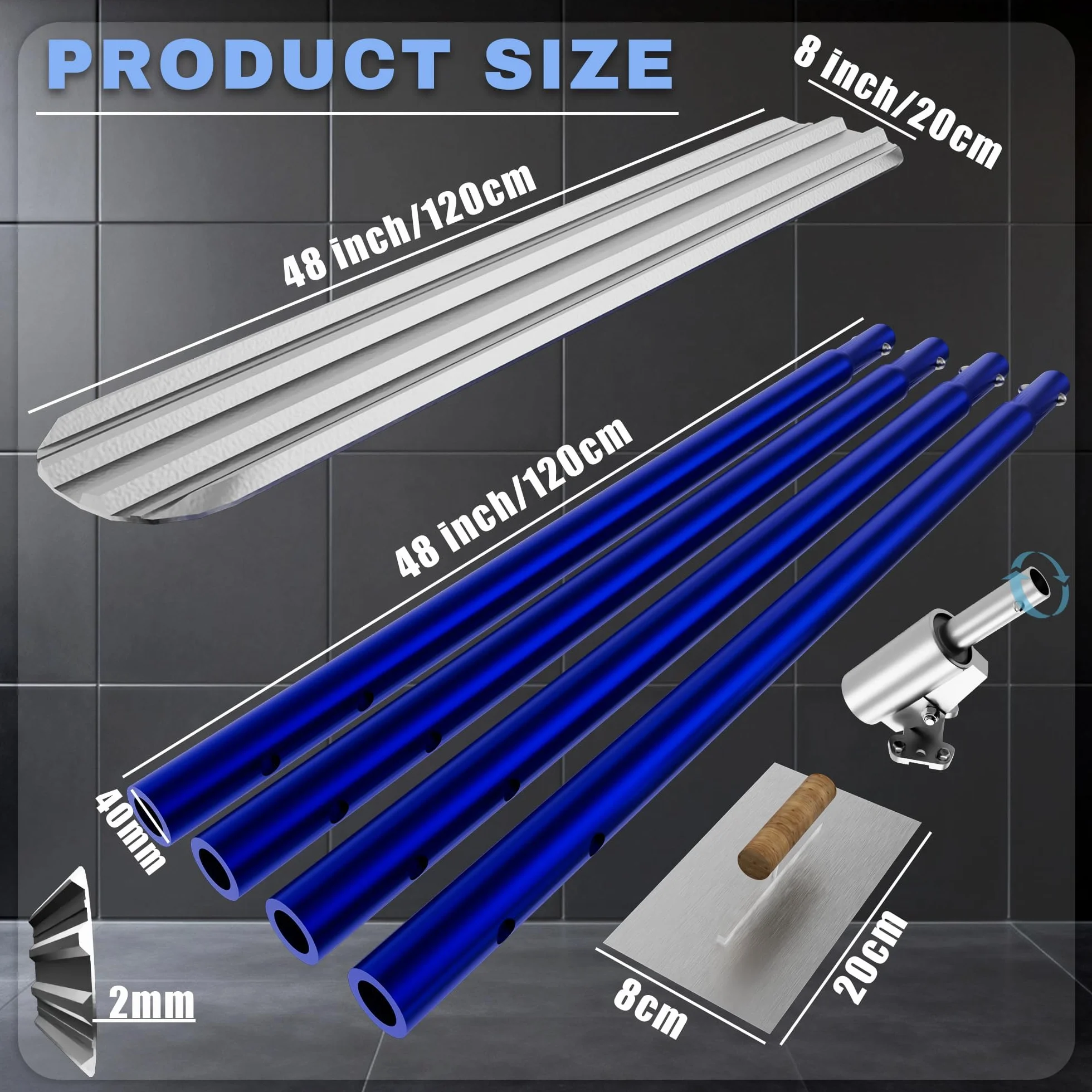 Spatola per calcestruzzo Bull Float 1200 x 200 mm, spatola per calcestruzzo con 4 impugnature, set di spatole per la lavorazione del calcestruzzo