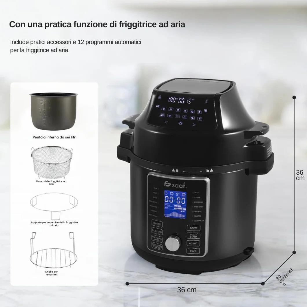 Saaf Multicooker con Airfryer – Set da 15 Pezzi – 24 Programmi – Slowcooker, Cuociriso, Vaporizzatore & Pentola a Pressione – 6L – Include Cestello, Pentola & Ricettario – Display Digitale