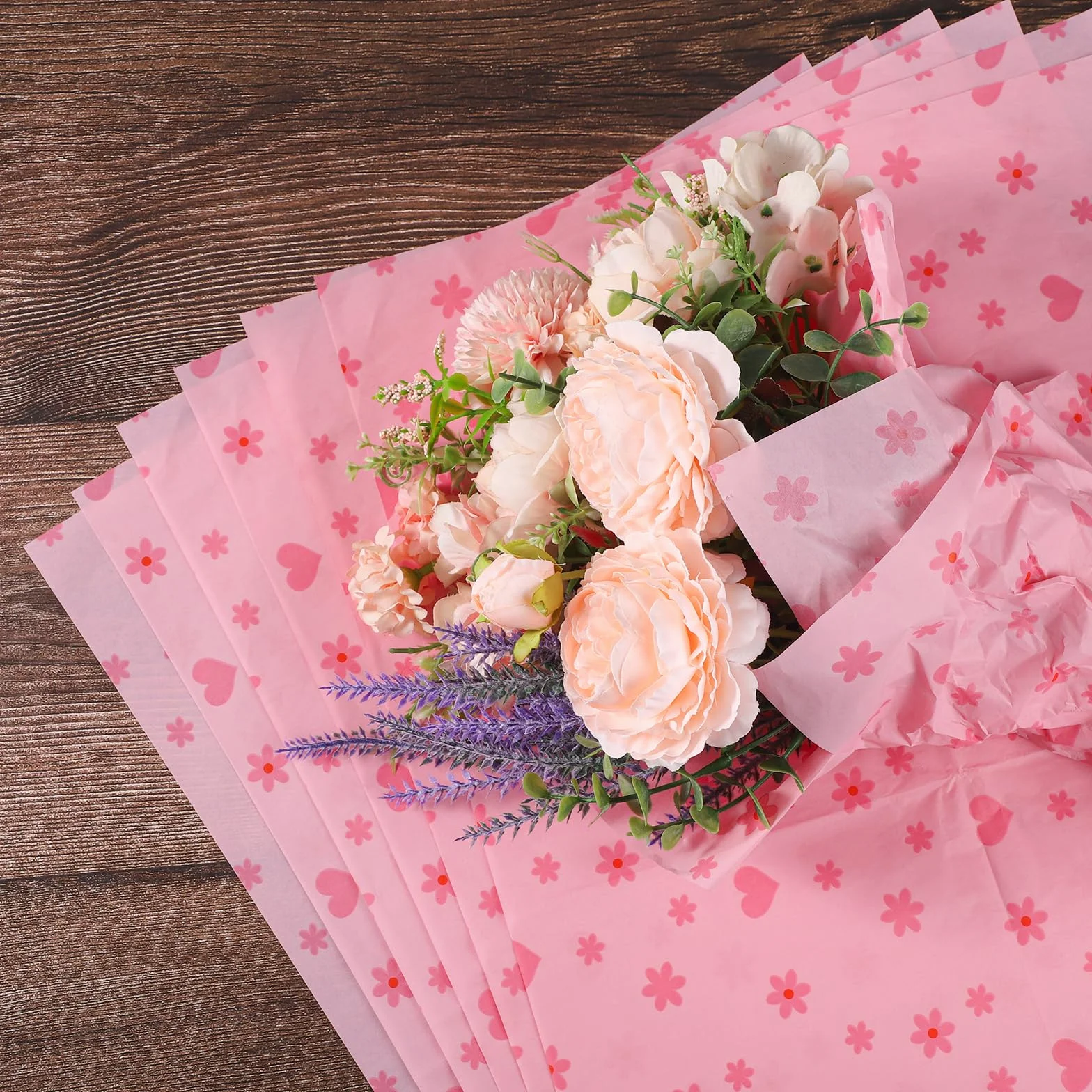 XIHIRCD 30 Fogli Carta Velina con Fiori a Forma di Cuore, 50x35cm, Rosa, Carta per Avvolgere Regalo, Decorativo Per Natale, San Valentino, Compleanni, Matrimonio