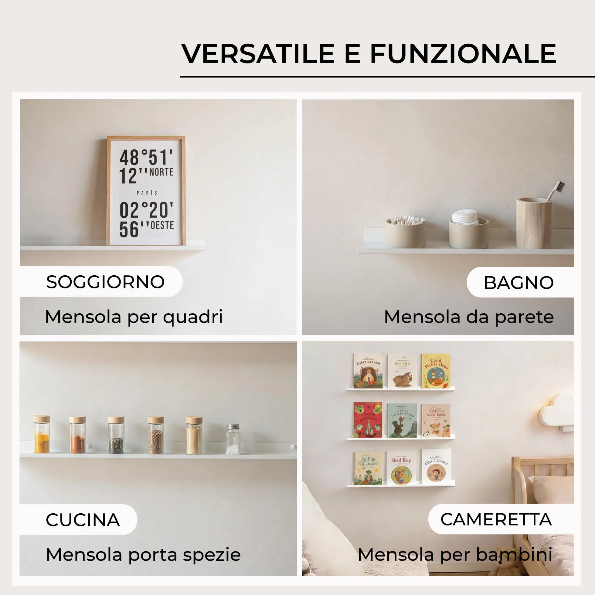 MILUKA Mensola da Muro Sospesa | Mensole da Parete Stretta in Metallo per Quadri, Cornici, libri e Spezie | Ripiano salvaspazio cucina, bagno, ufficio (2, Bianco, 70 x 10 cm)