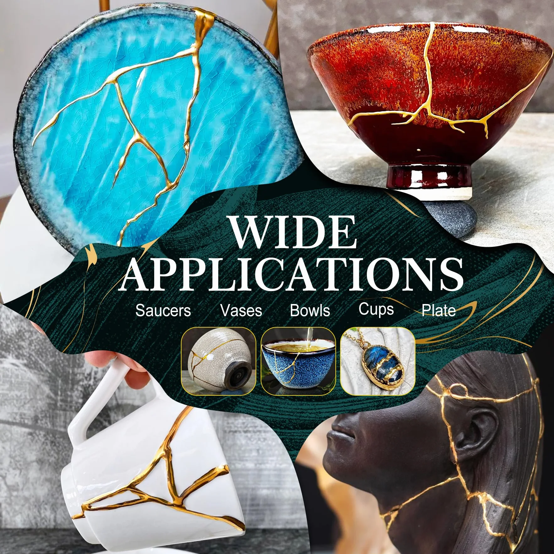 Set di riparazione Kintsugi, 50ml Oro/Argento Set Kintsugi Adesivo per Porcellana, Sicuro per Alimenti Set di Riparazione per Ceramica, per la Riparazione di Ceramica Rotta, Vetro, Sculture, Ceramiche