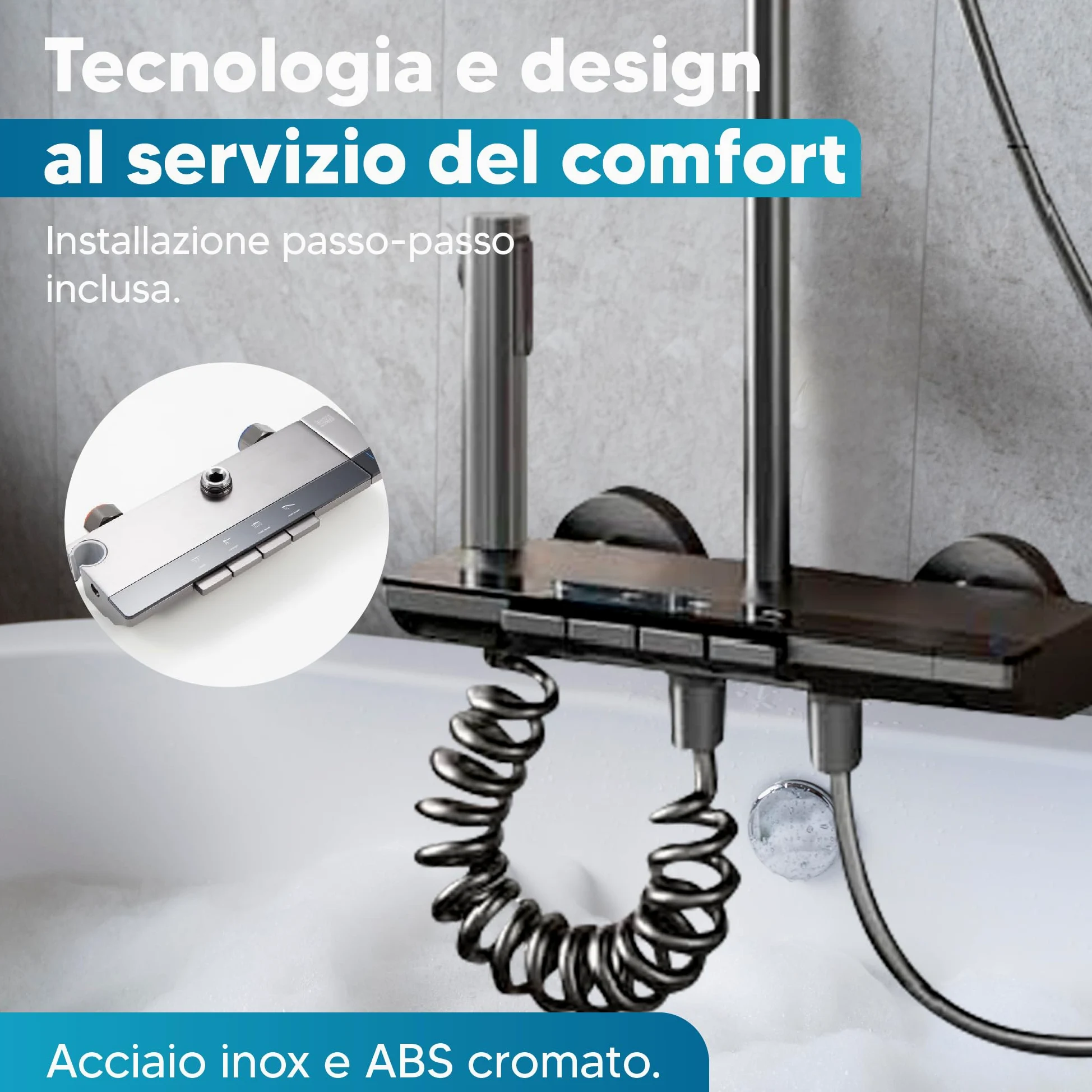 INEX EUROPA Colonna doccia nero grigio titanio con testa rotonda - colonna doccia 4 modalità e altezza regolabile - testa, getto, rubinetto e soffione doccia - 10 anni di garanzia