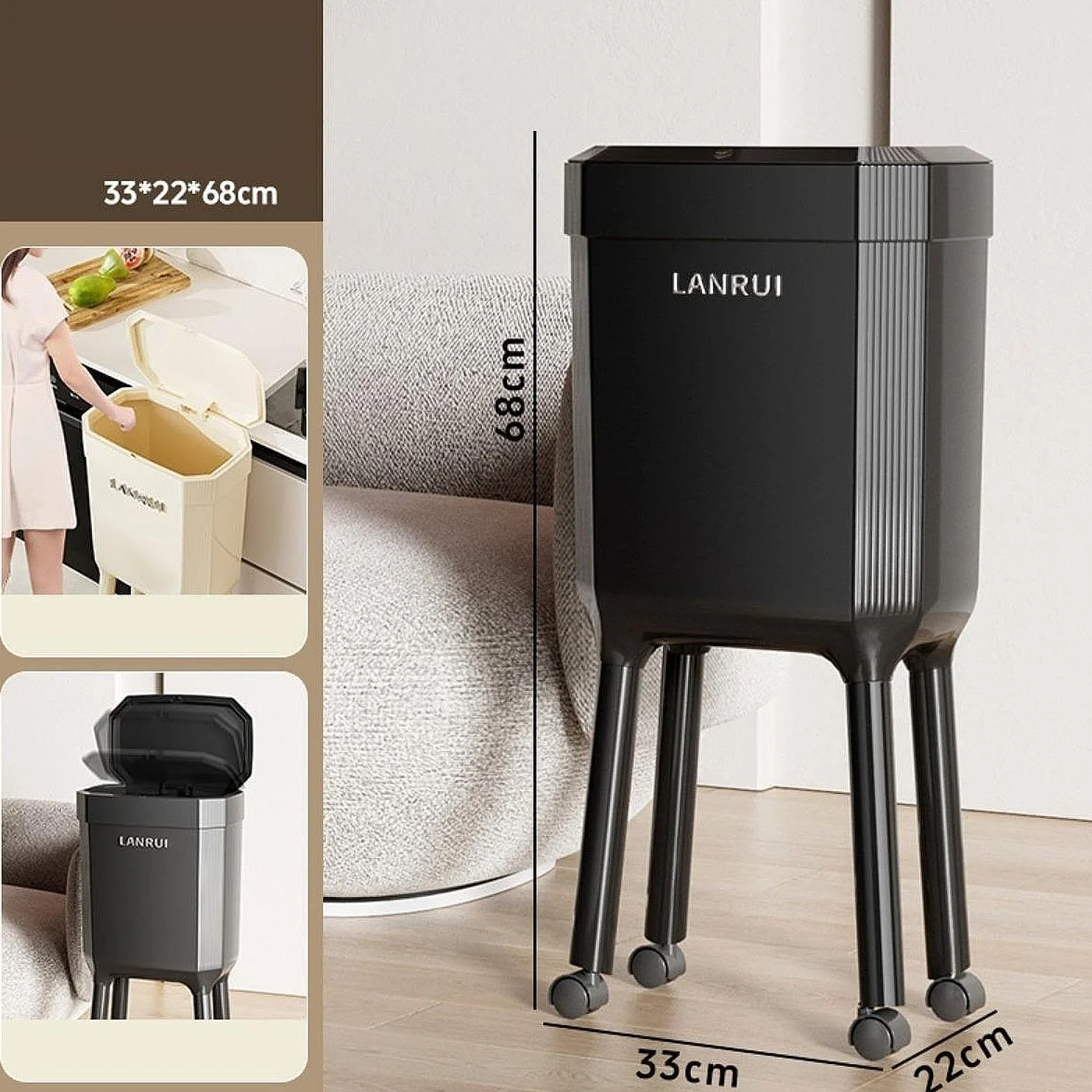 Pattumiera a Pressione con Ruote, Secchio per Carta straccia, pattumiera Versatile, Cestino Minimalista per Bagno e Camera da Letto, Nero