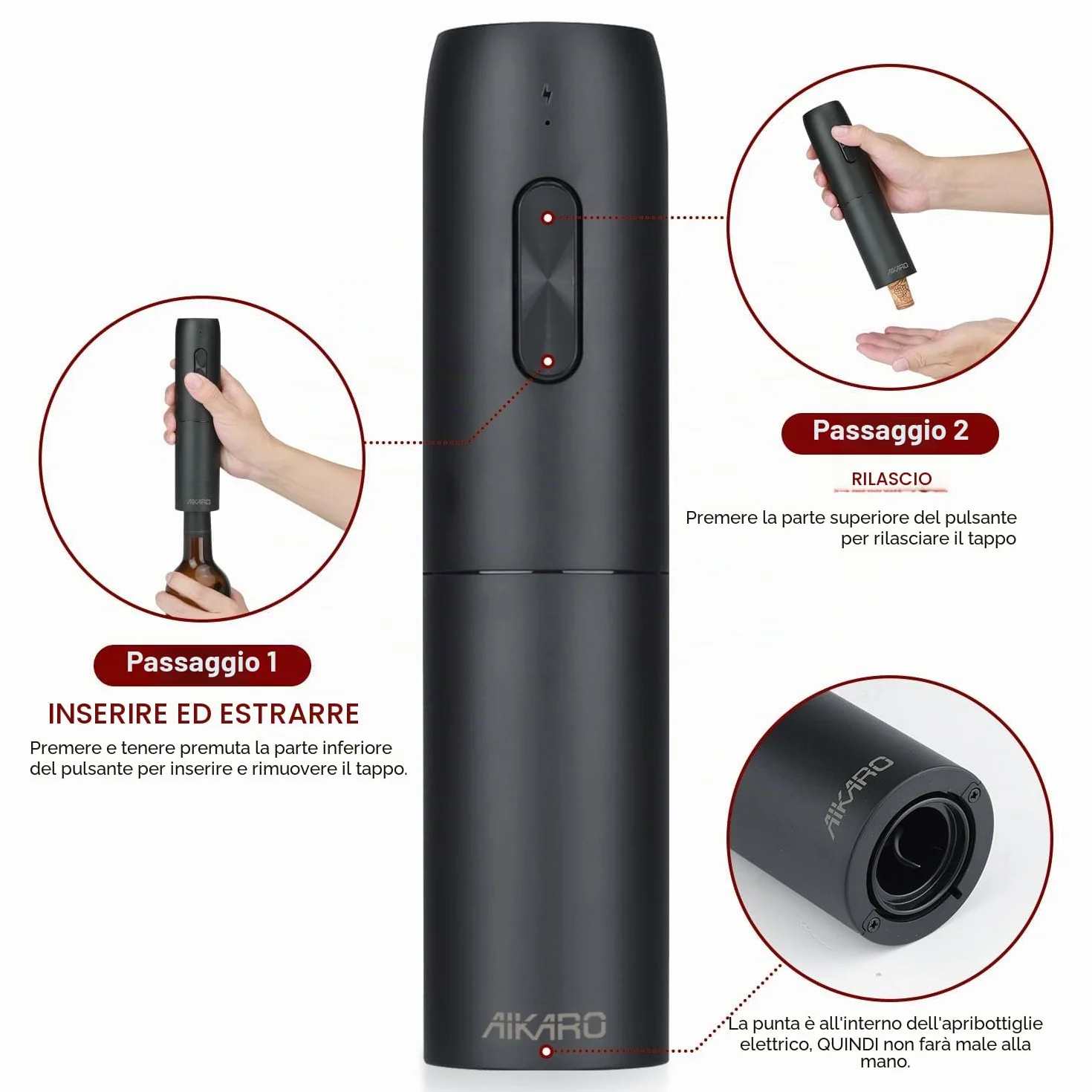 AIKARO - Cavatappi Elettrico Apribottiglie Elettronica Automatico per Vino, Ricaricabile (Set C)