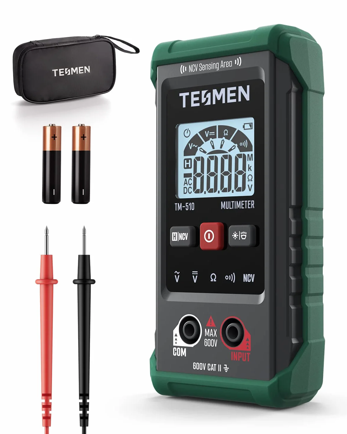 TESMEN TM-510 Multimetro Digitale 4000 Conta Tester Elettricista Autoranging Senza Contatto Misura Tensione AC/DC Resistenza Continuità Verde