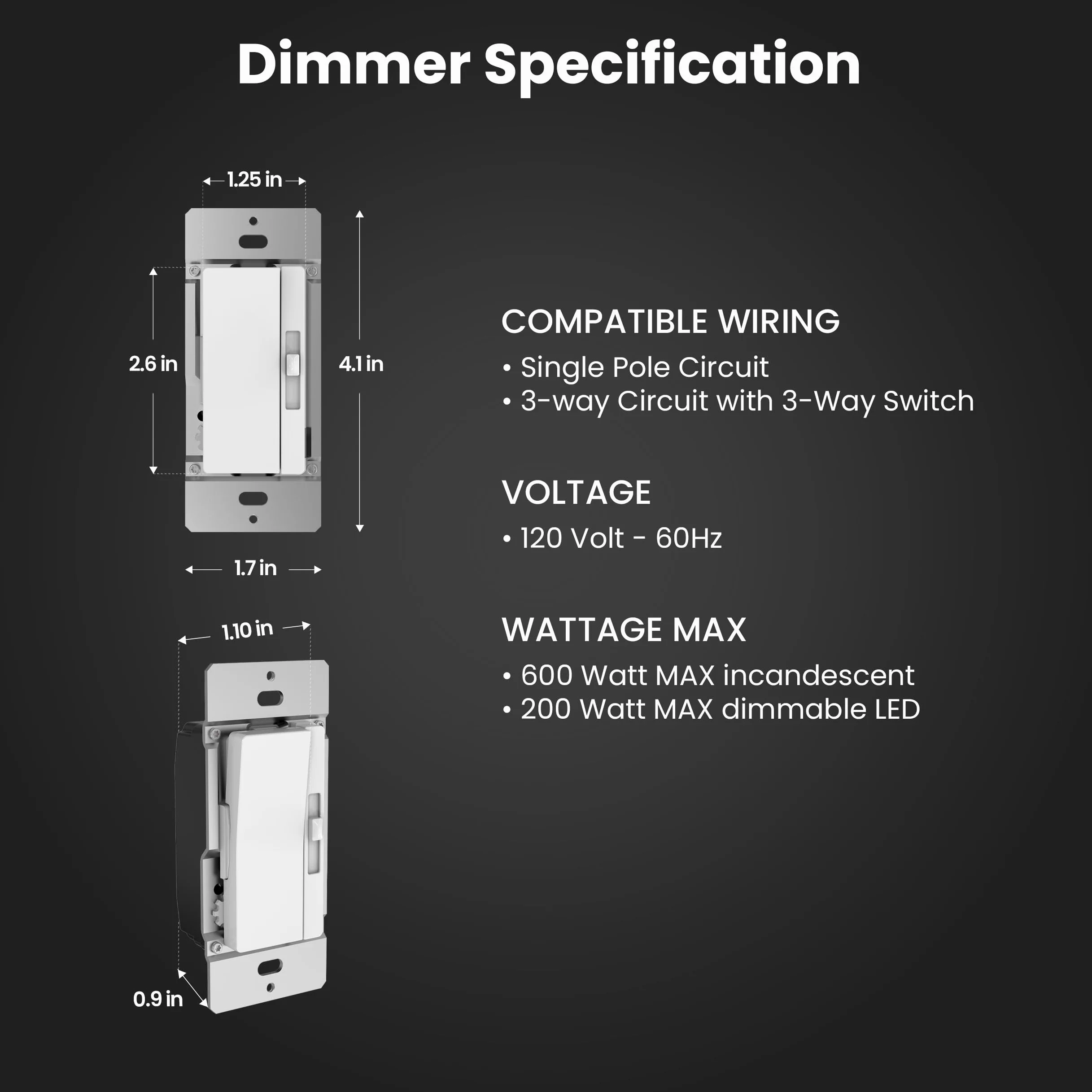 Feit Electric 2 interruttori dimmer per lampadine a LED dimmerabili, interruttore a levetta singolo o 3 vie, piastra a muro e montaggio dadi metallici, DIM/Paddle/2