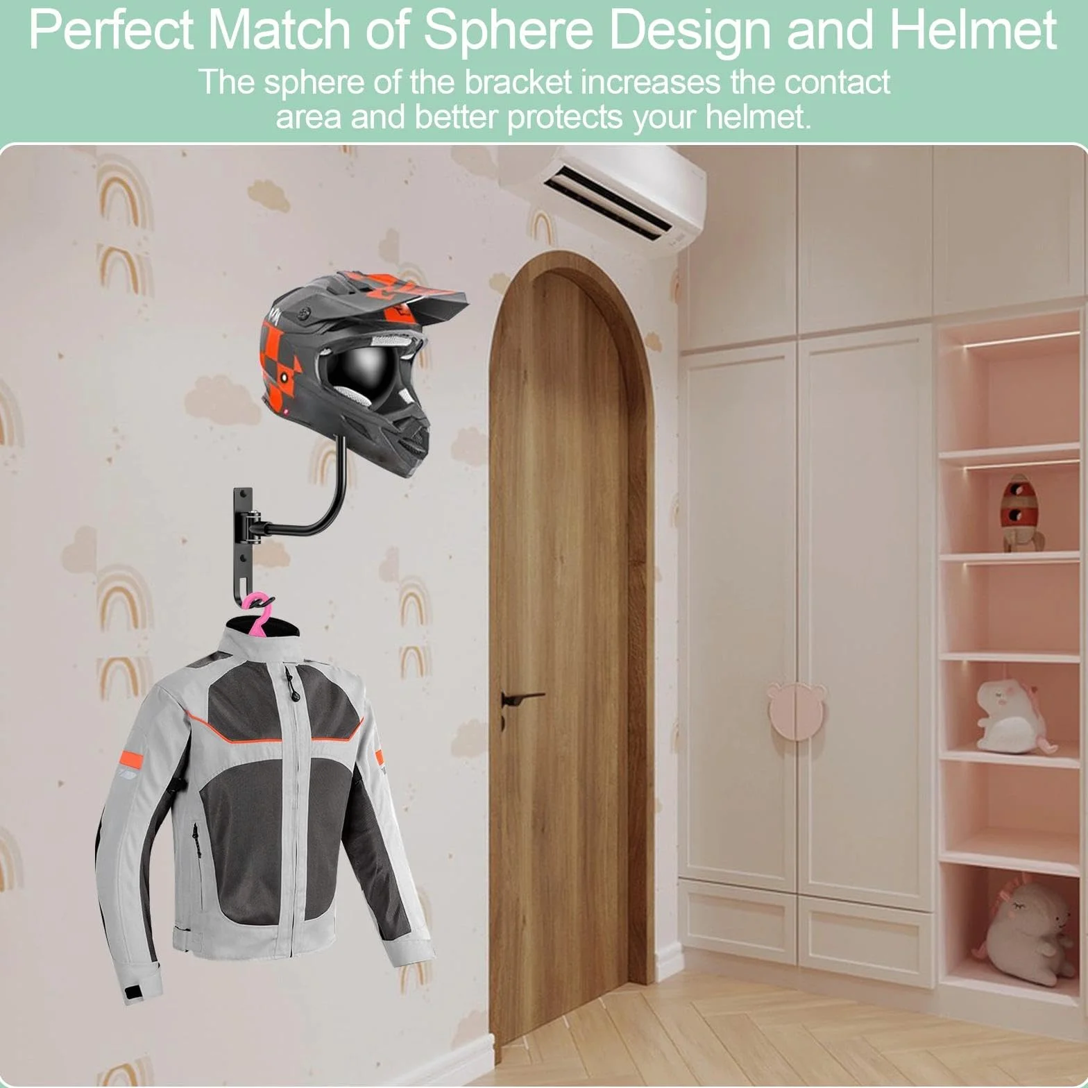 Porta Casco Moto da Parete, Appendi Casco Multifunzione, Portacasco da Parete, Supporto Caschi Moto Spherical 180°, con Ganci per Appendere Guanti per Abbigliamento Moto, Cappelli