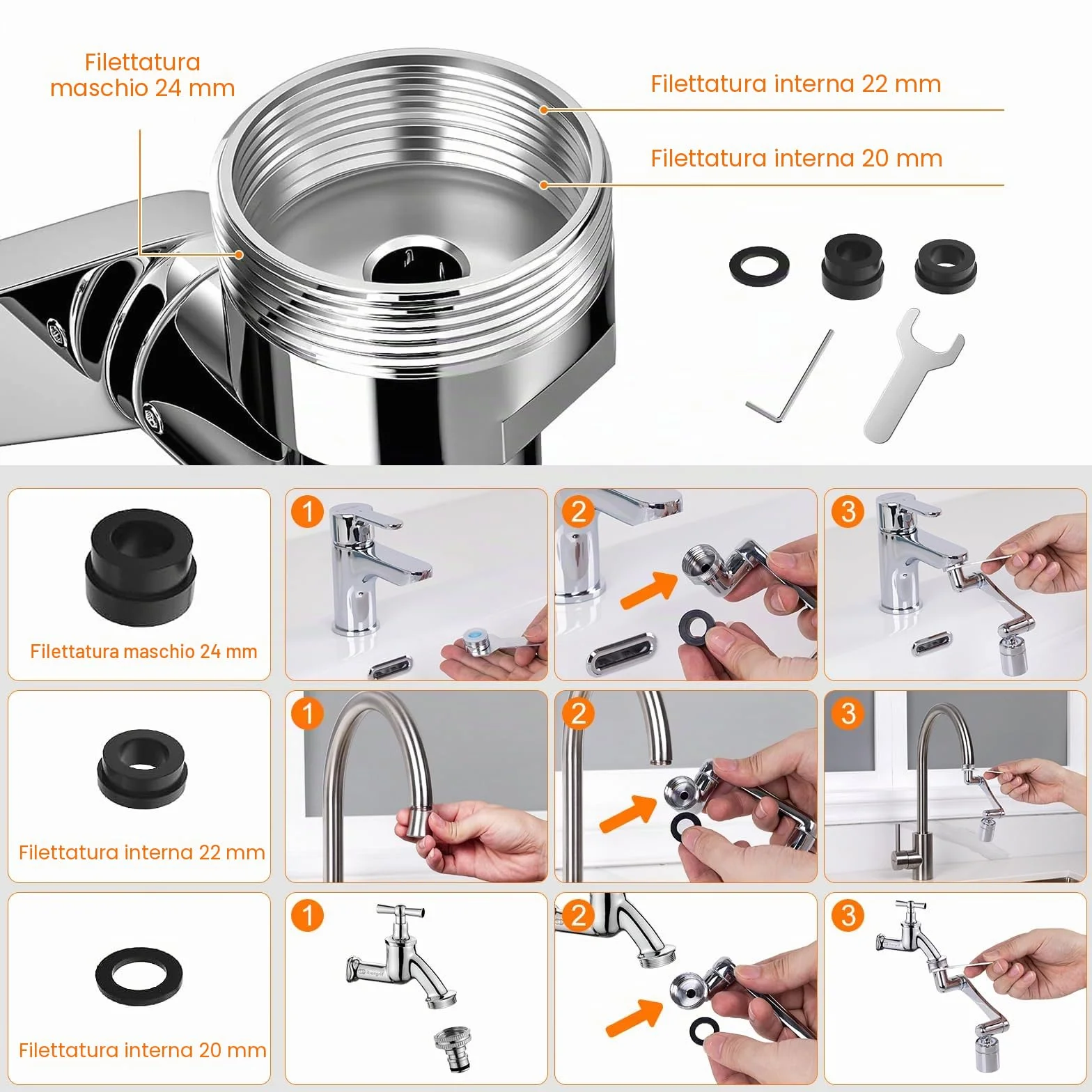 Ibergrif Prolunga Rubinetto Cucina Bagno Rotante 1440 Gradi, Aeratore Regolabile, 2 Modalità di Acqua, Accessorio Facile Installazione, Filtro Antispruzzo, Argento, M91006