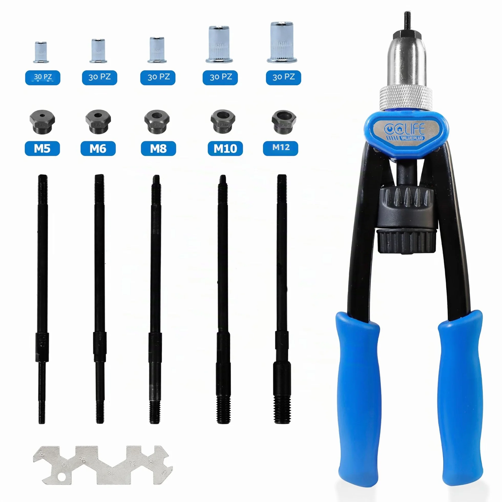 CCLIFE Rivettatrice Manuale per Inserti Filettati Set con Mandrini M5 M6 M8 M10 M12 150 Dadi Acciaio Inossidabile