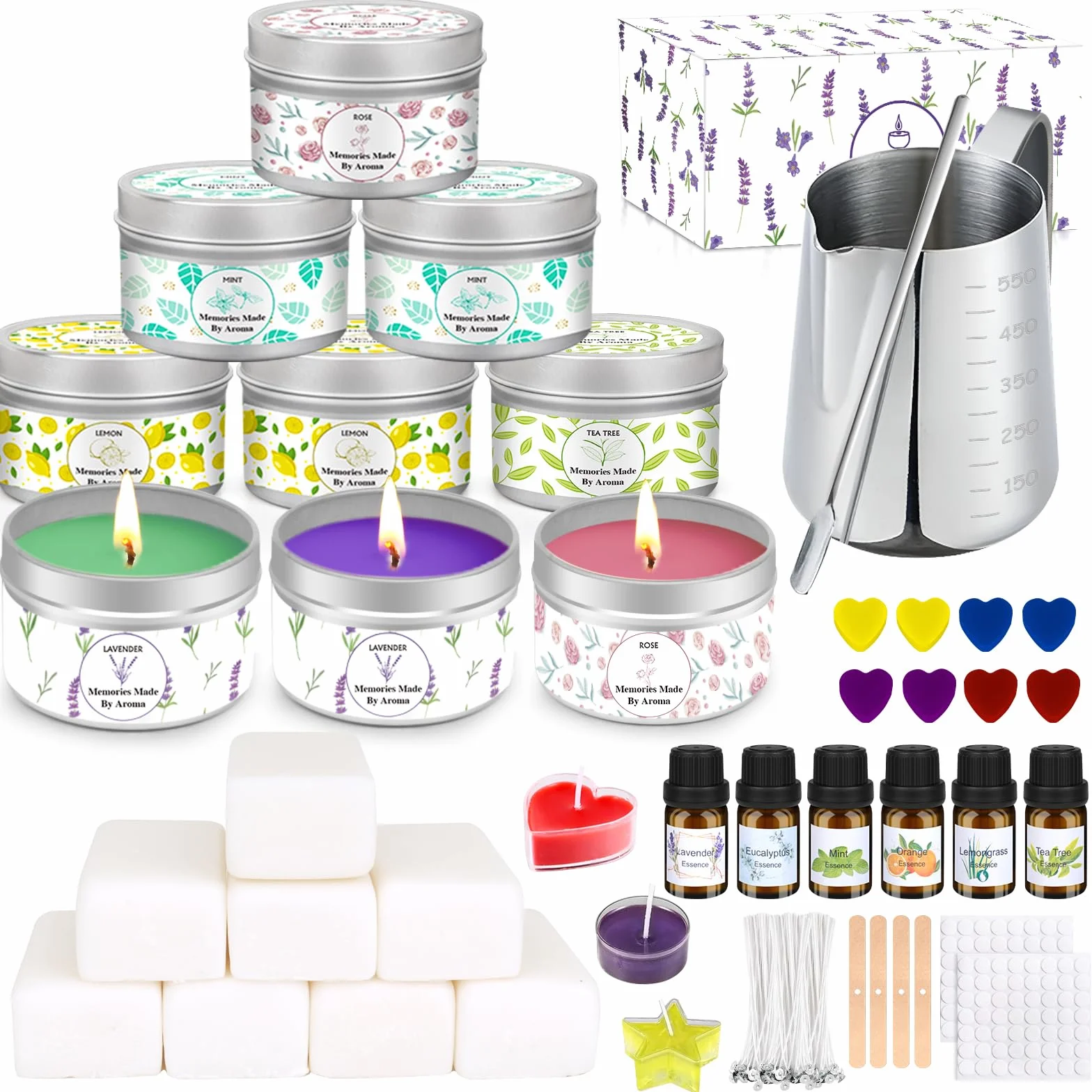 LDUMODUW Set di candele fai da te, kit fai da te per adulti, principianti, candele profumate, set regalo con cera di soia 480 g, 9 barattoli di candela, 8 colori di candela, stoppini