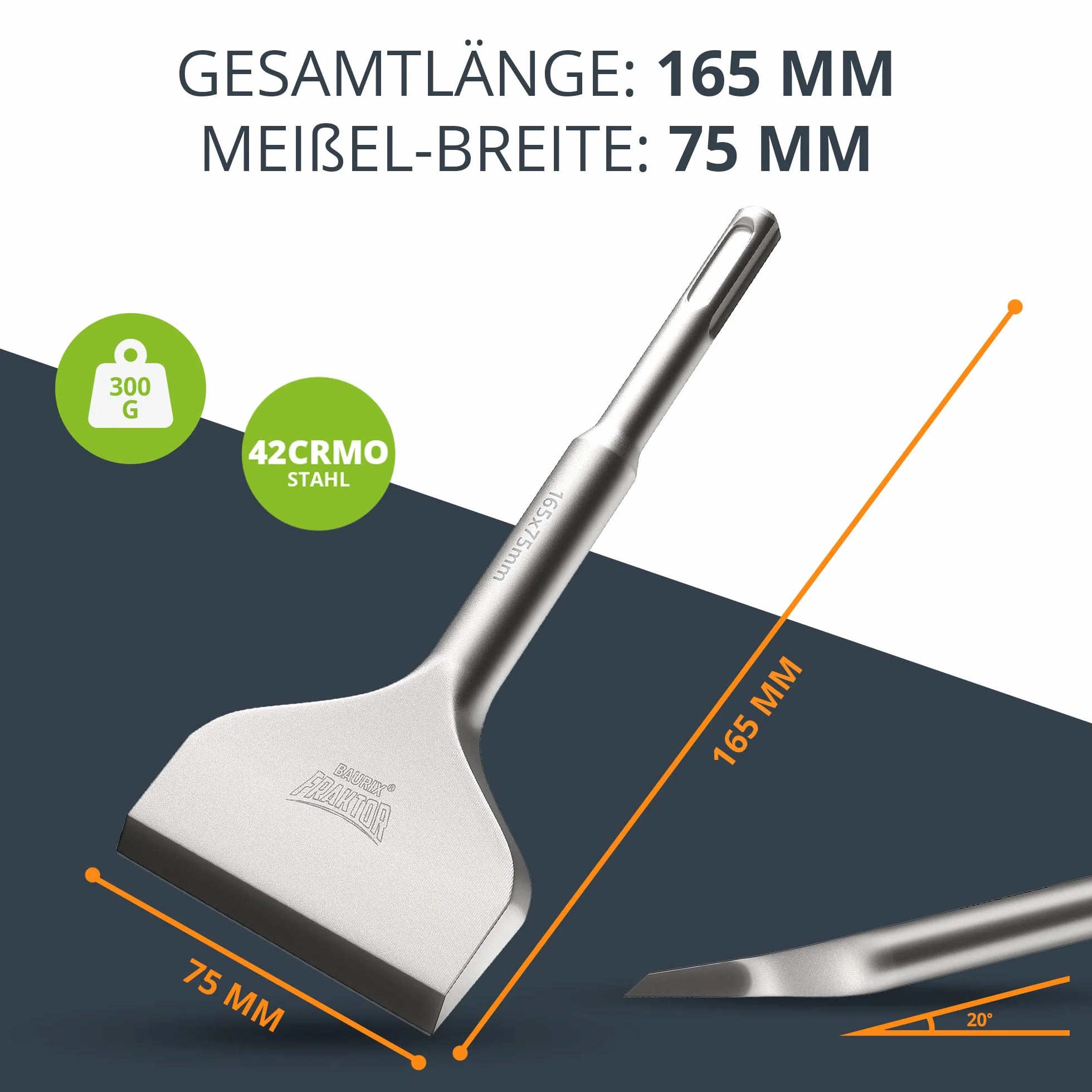 BAURIX® Scalpello SDS Plus - Sistema FRAKTOR® - Scalpello Piastrelle per rimozione delle piastrelle e adesivi per piastrelle senza sforzo - Scalpelli SDS Plus in acciaio speciale 42CrMo (165 x 75 mm)