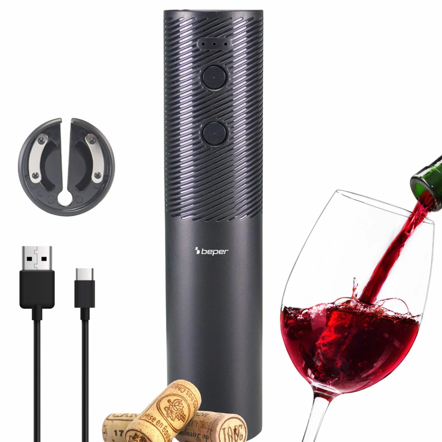 BEPER P102ACP103 Cavatappi Elettrico Ricaricabile USB, Apribottiglie Vino, Con Taglia Capsule, Per Tappi in Sughero e Sintetici