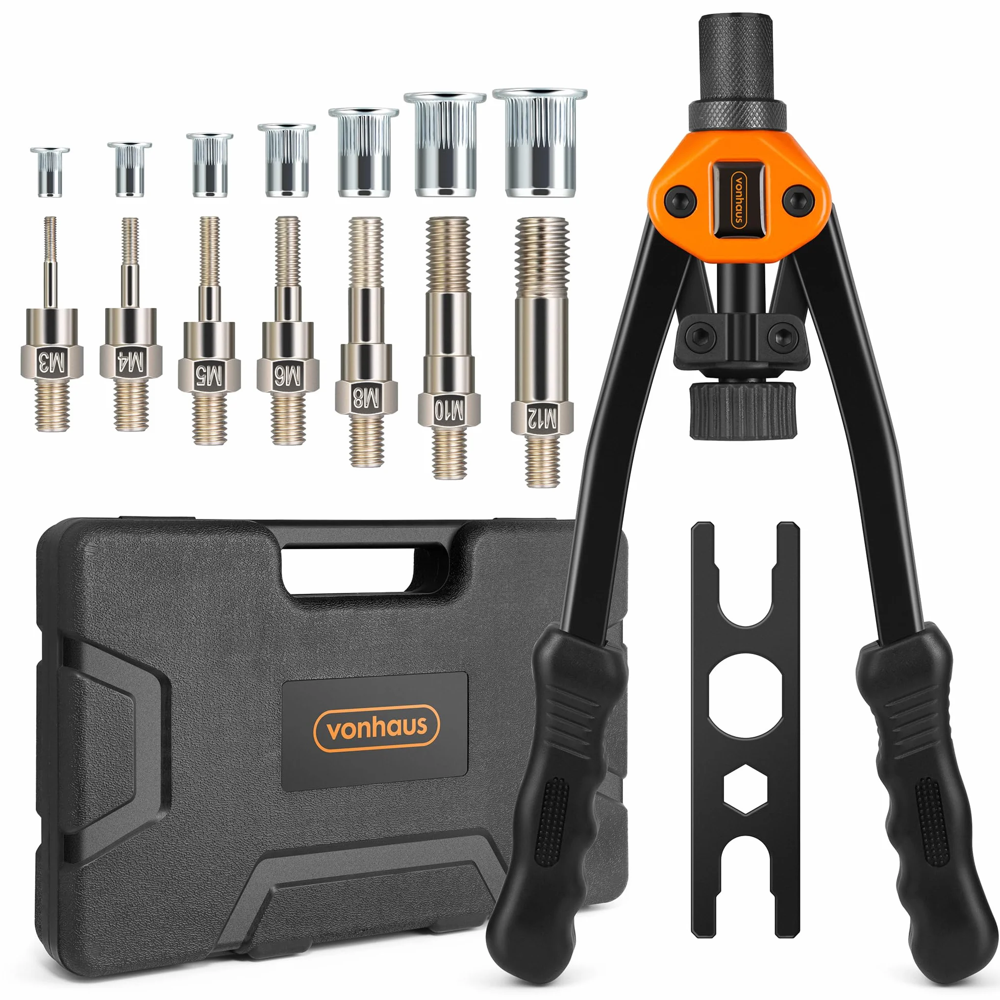 VonHaus Pistola per Rivetti - Strumento per Rivnut - Set di Pinze per Rivetti Manuali - Strumento per Nutsert - con 7 Mandrini Metrici M3 M4 M5 M6 M8 M10 M12 e 150 Pezzi di Rivnut Assortiti