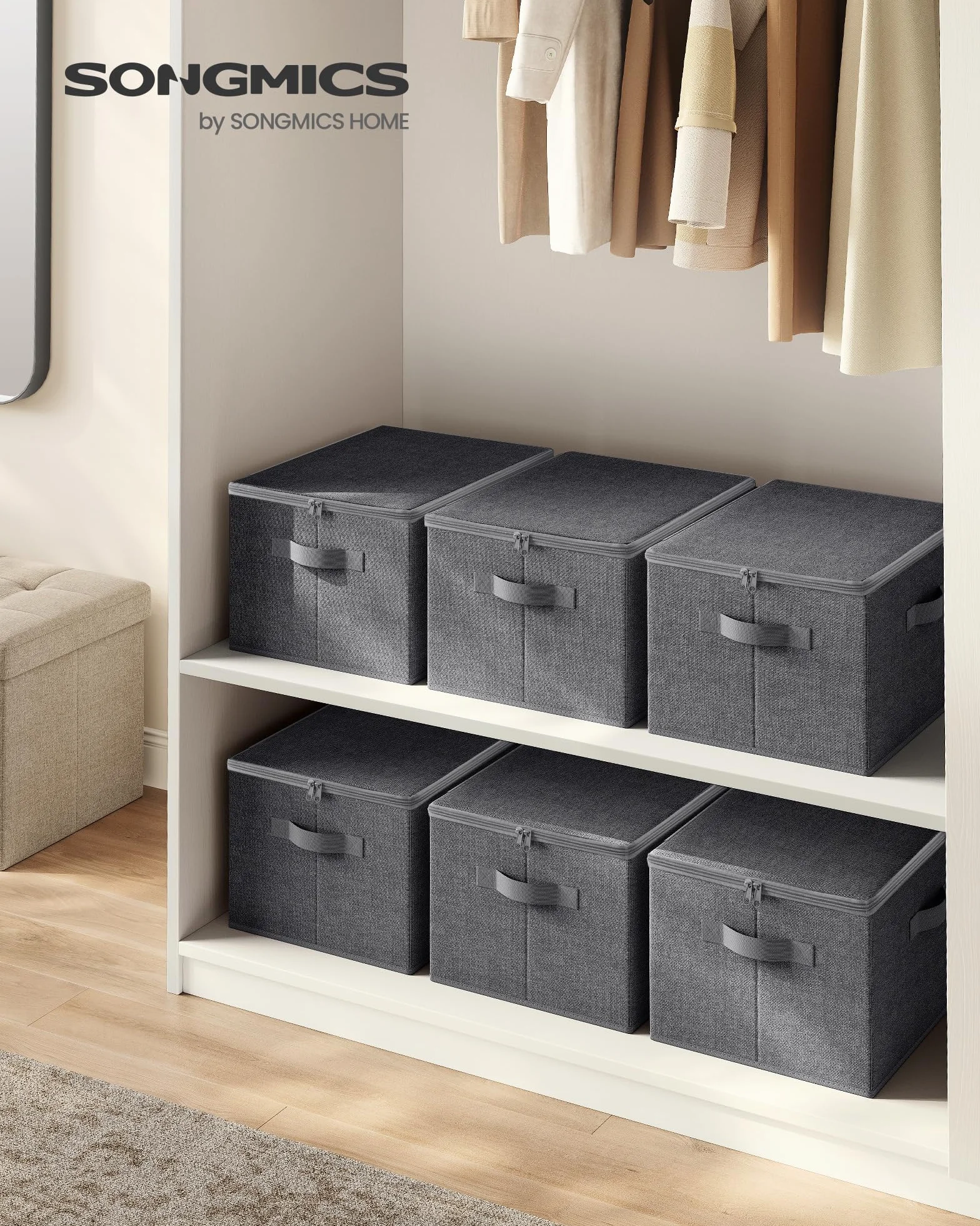 SONGMICS Scatole Portaoggetti con Coperchio Pieghevoli Set di 3 40x30x25 cm Tessuto non Tessuto Grigio Ardesia