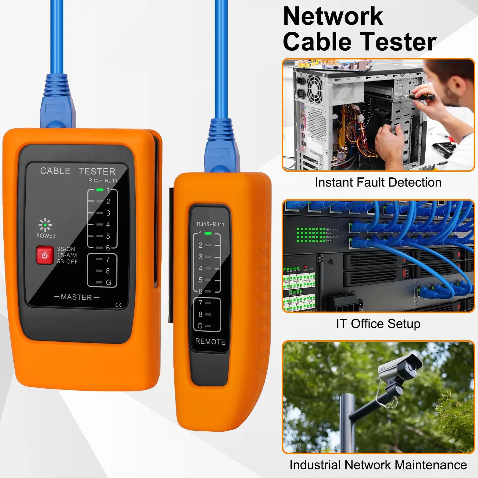 Tester Cavi di Rete RJ45 RJ11 con Test PoE fino a 300 m, Misurazione Lunghezza Cavo, Rilevamento Cortocircuito e Guasti, Compatibile CAT5 CAT6 CAT7 CAT8, Tester LAN per Ethernet e ISDN