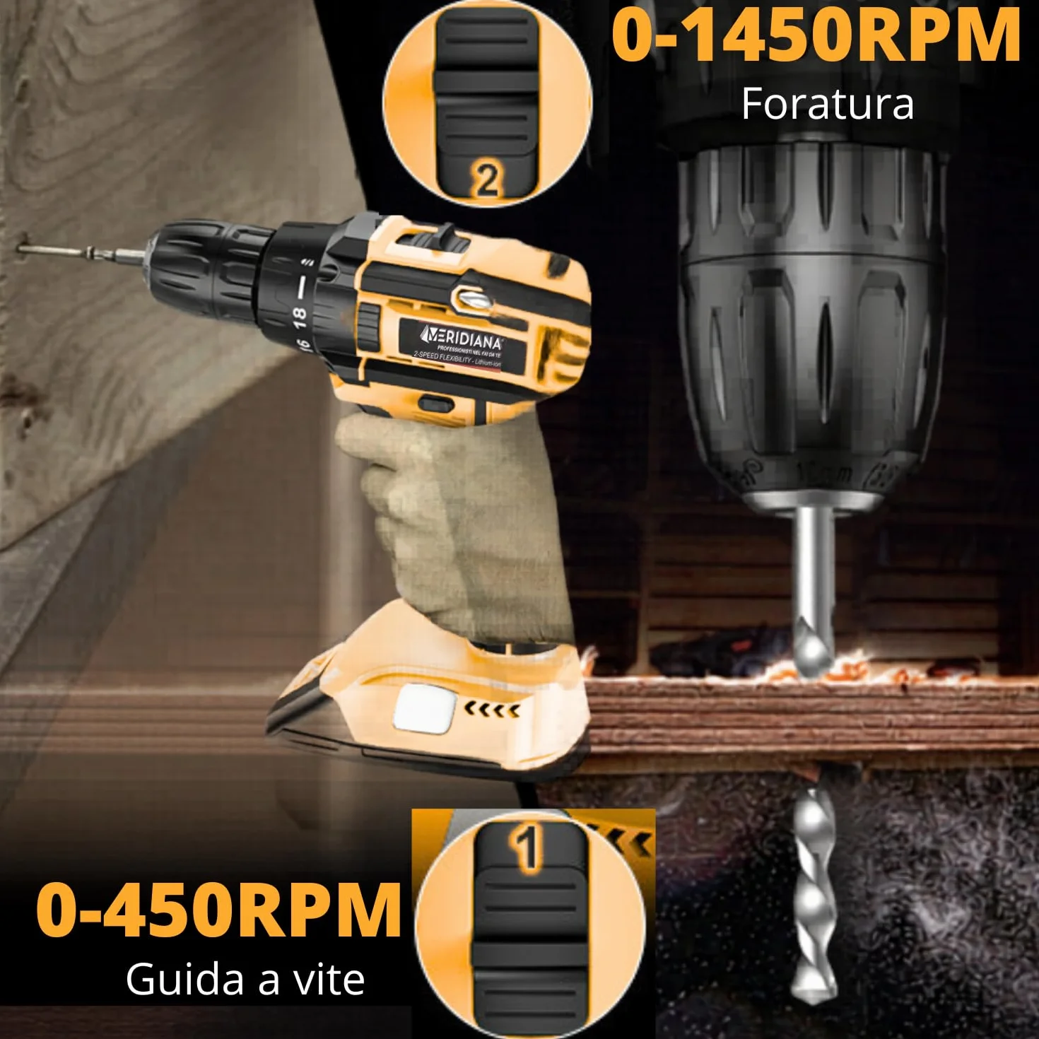 Meridiana - Set Trapano Avvitatore a Batteria, 21V Trapano a Percussione, con 2 Batterie, Bussole, Inserti Torx,2 Velocità, LED Luce e Prolunga Flessibile per Montaggio, Riparazioni e Manutenzione.