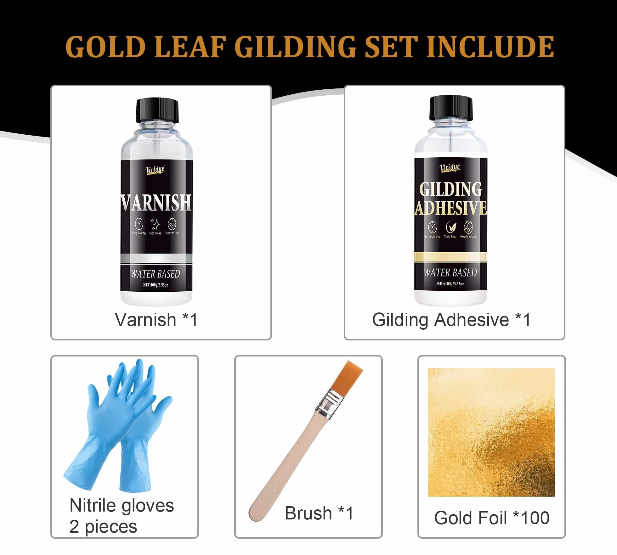 Set Adesivo per Doratura con Foglia Oro - 100ml Colla a Base d'acqua e 100ml Vernice Protettiva, 100 Fogli di Foglia Oro, Kit per Foglia Oro a Rapida Essiccazione per Artigianato, Mobili e Pittura