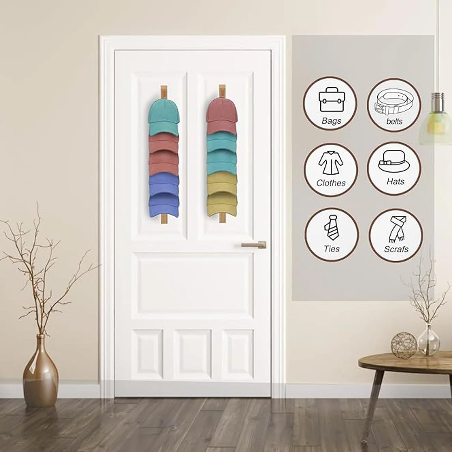 Porta Cappelli da Parete in Legno 2 Pezzi Espositore per Sciarpe e Cappellini da Baseball Organizer Ganci