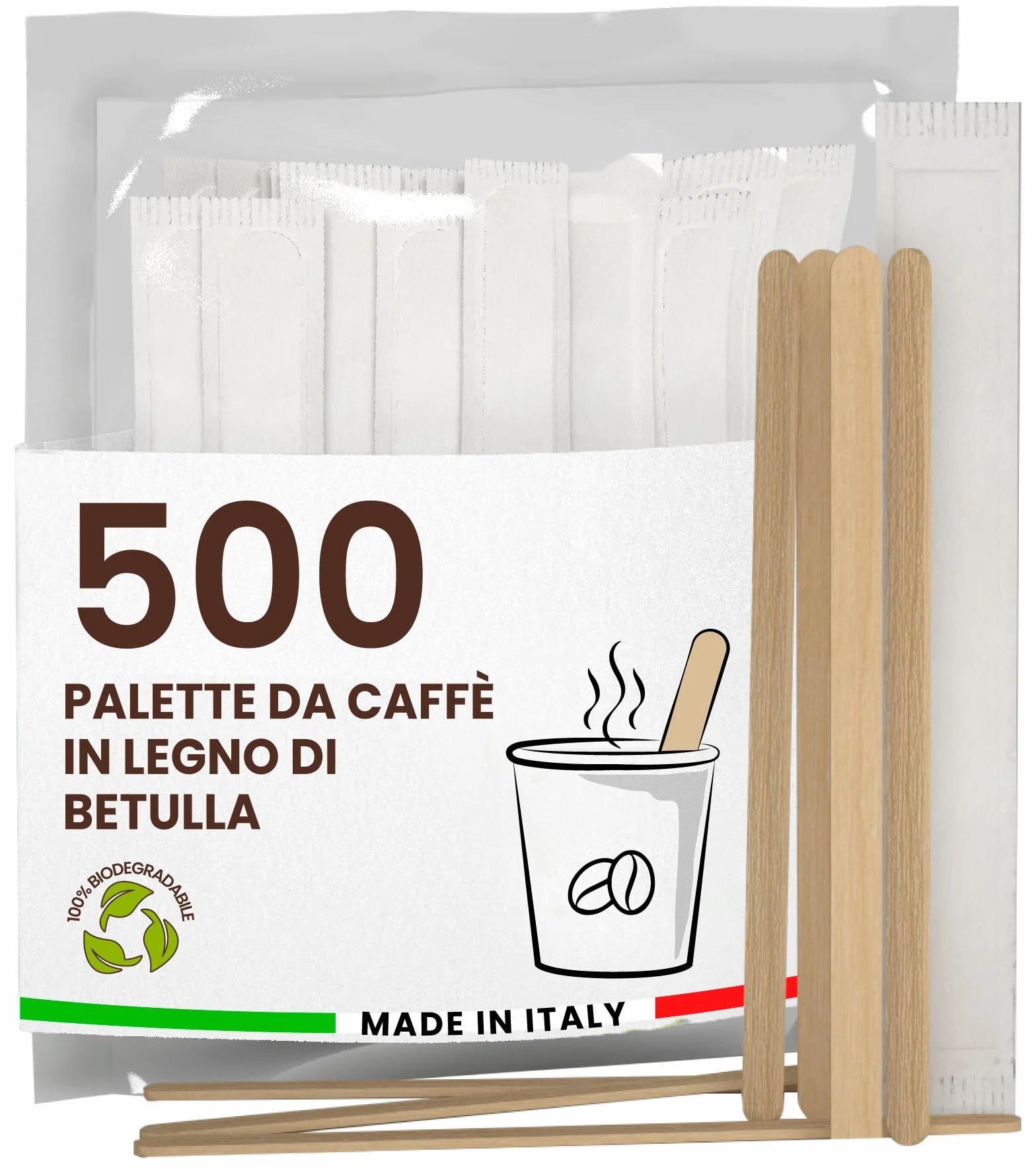 Palette Caffè Monouso in Legno di Betulla, Biodegradabili e Compostabili, Resistenti al Calore - Made in Italy