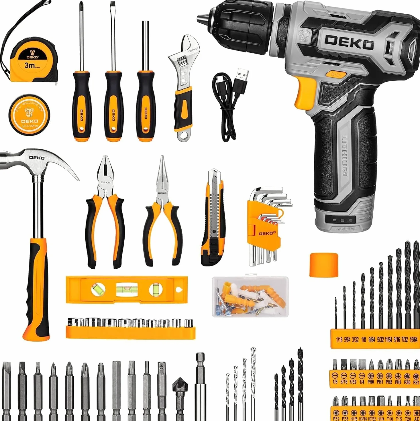 DEKO Cassetta Attrezzi Completa con Trapano Avvitatore Batteria 12V, 133 Pezzi Valigetta con Set Completo di Punte (Grigio)