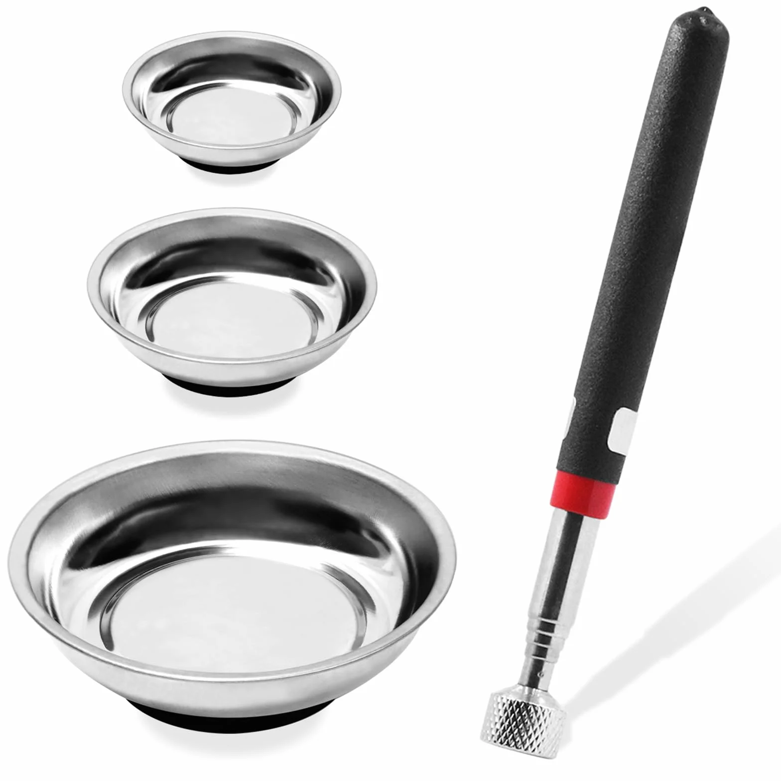 Glarks 4 vassoi magnetici per attrezzi con set di strumenti magnetici, 3 "4" 10,2 cm 15,2 cm ciotole magnetiche rotonde strumenti vassoio supporto e 4,5 kg telescopico magnete Pickup Stick per presa