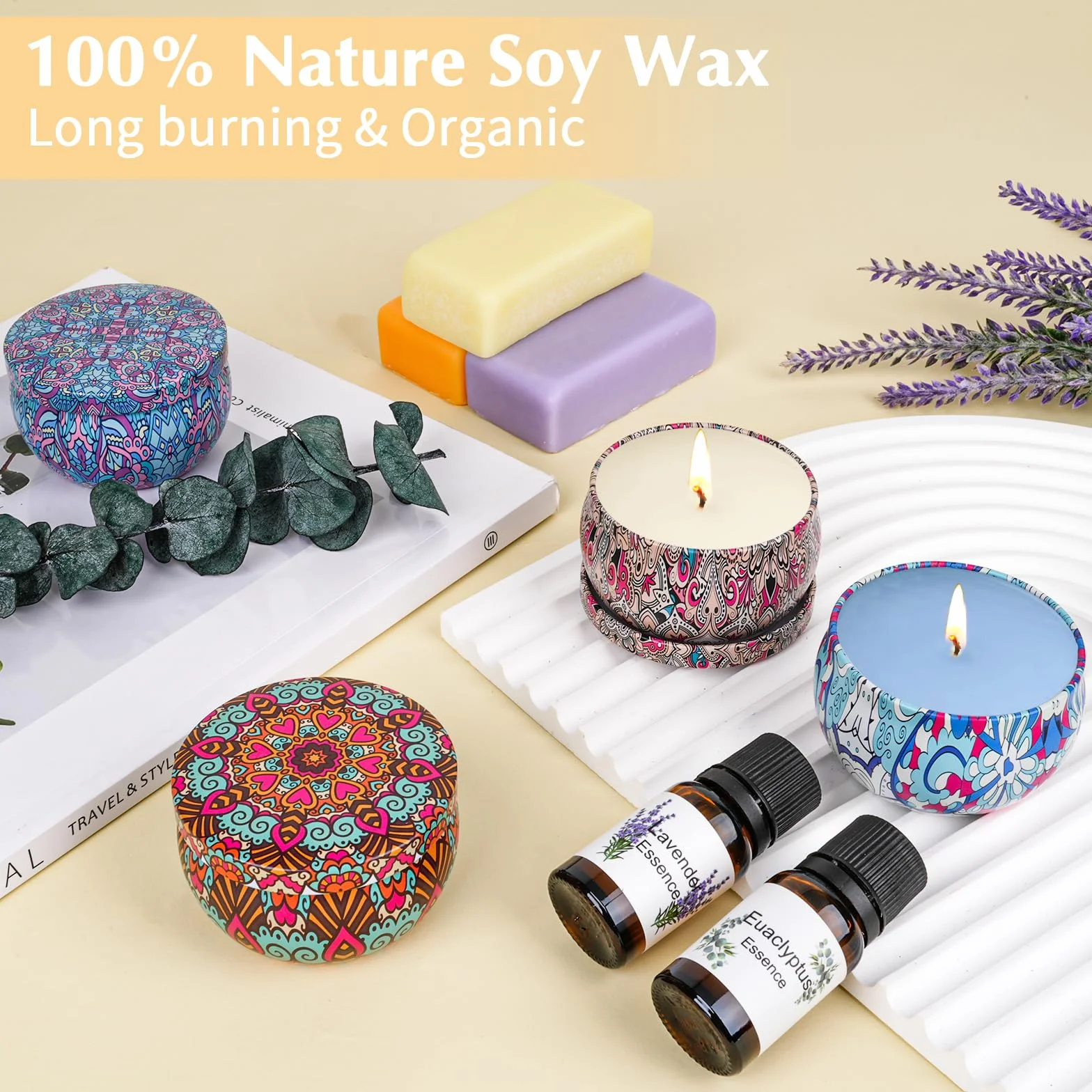 LDUMODUW Kit Candele Fai da Te, Kit per Candele Fai da Te di Candele Profumate, Set Candele Fai da Te Con 480g di Cera per Candele, 6 Oli Essenziali, Stoppini e 550 ml per Adulti Principianti