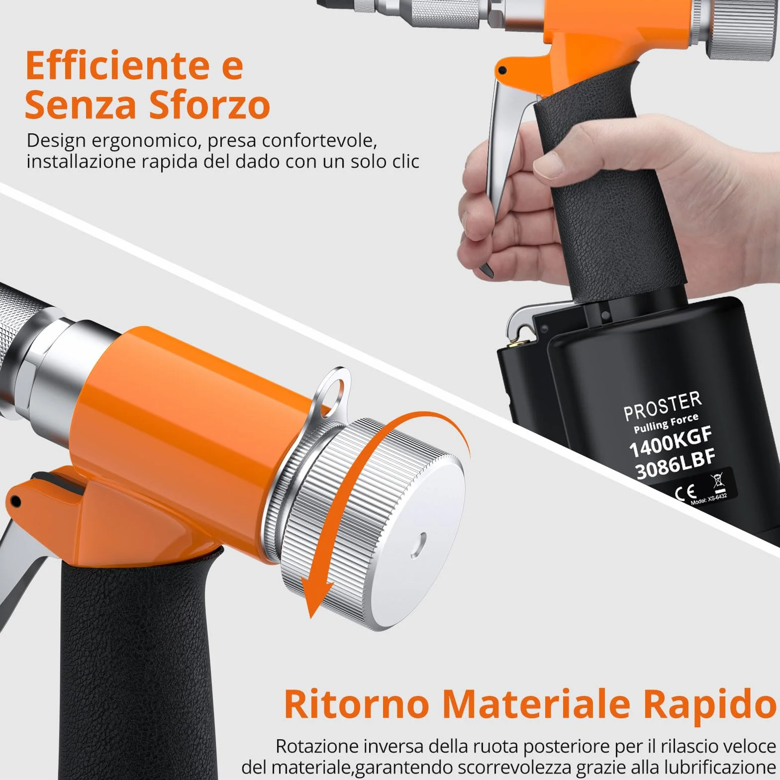 Proster Pistola Pneumatica per Rivetti Set Rivet Nut 5 Mandrini M4-M10 1400KGF Valvola Regolazione Pressione Custodia
