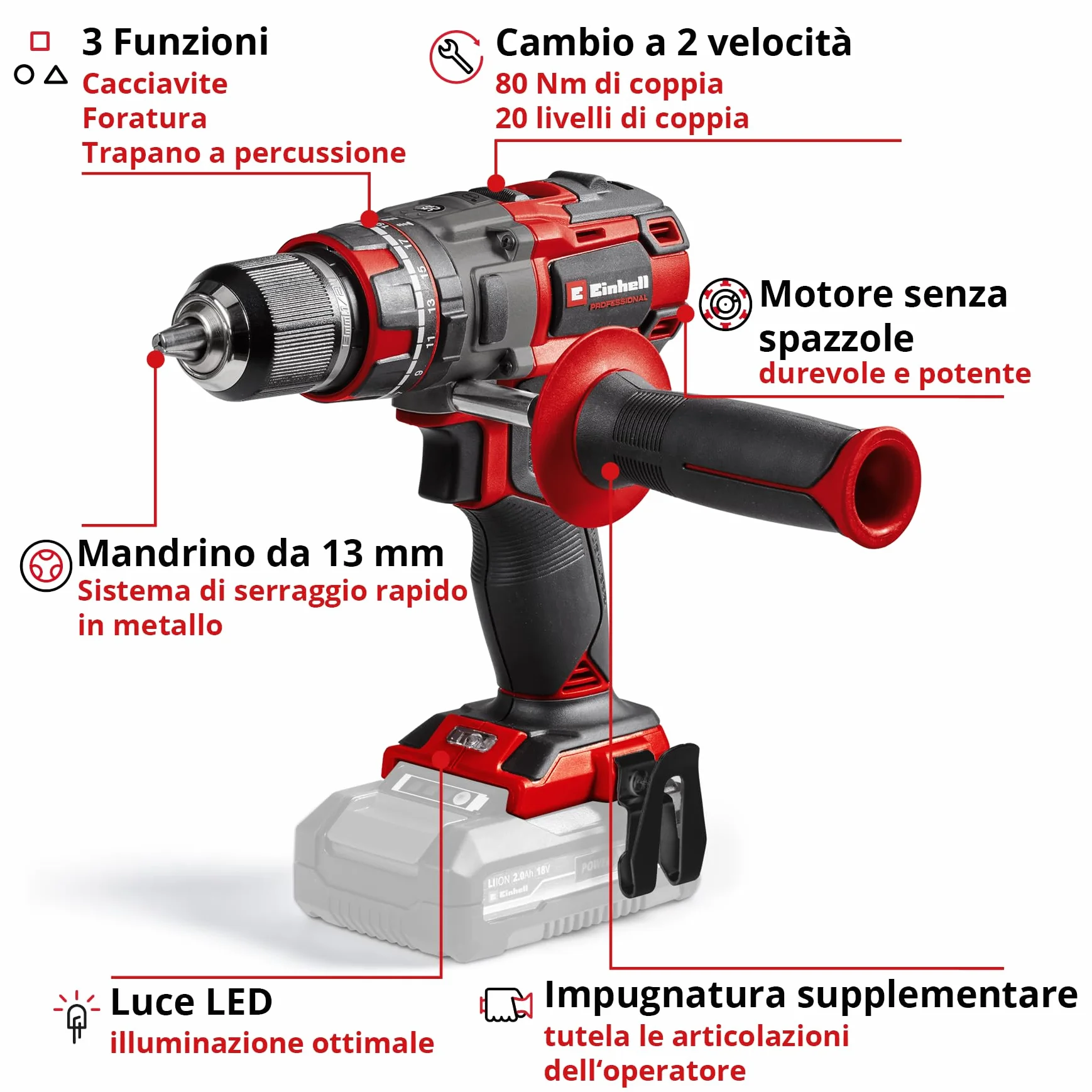 Einhell Professional trapano a percussione a batteria TP-CD 18/80 Li-i BL-Solo Power X-Change (18 V, Brushless, 80 Nm, funzione percussione, 2 velocità, mandrino 13 mm, senza batteria)