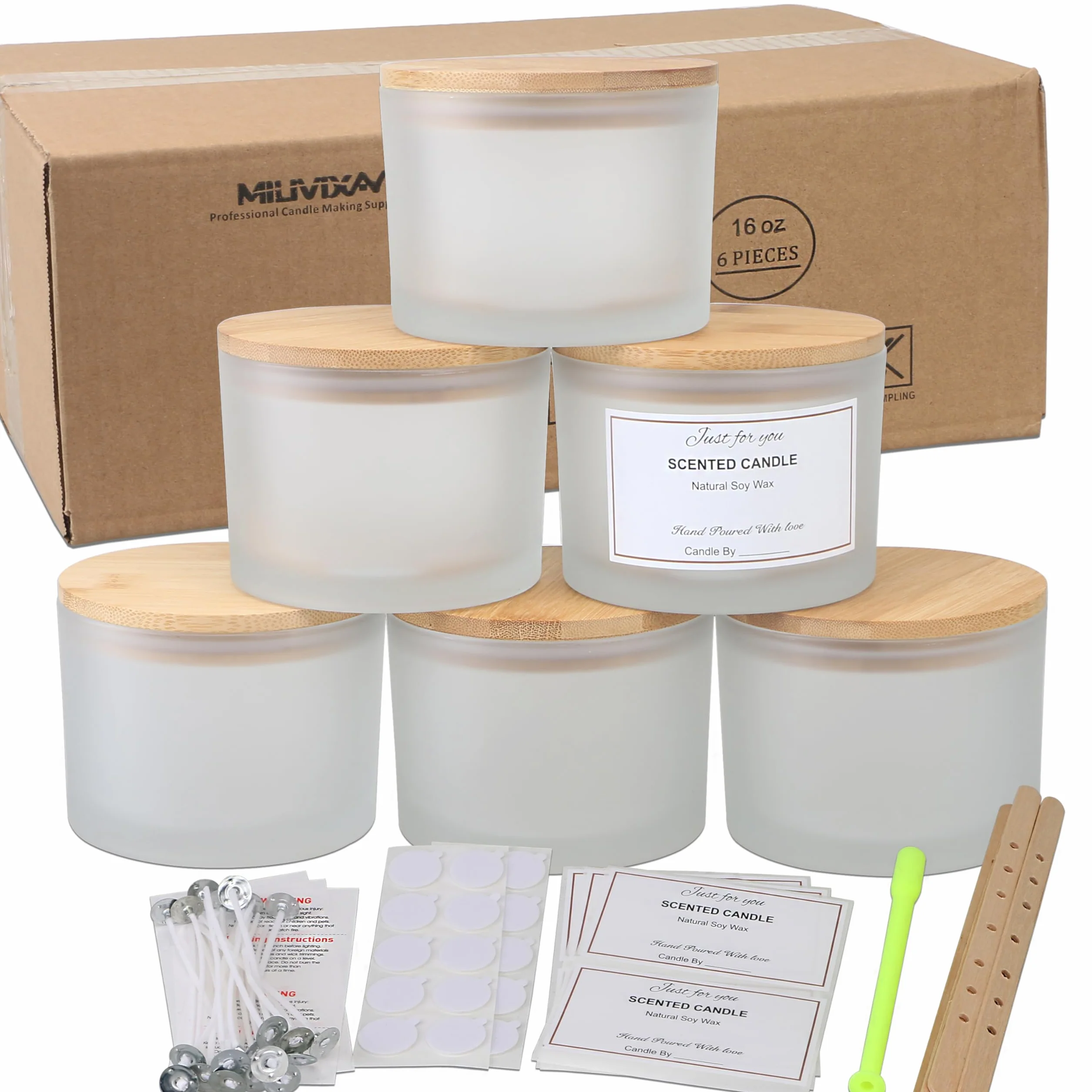 MILIVIXAY - Confezione da 6 barattoli per candele da 16 once con coperchi in bambù e kit per la produzione - 3 stoppini, vetro spesso e smerigliato bianco in massa per candele grandi - Contenitori per