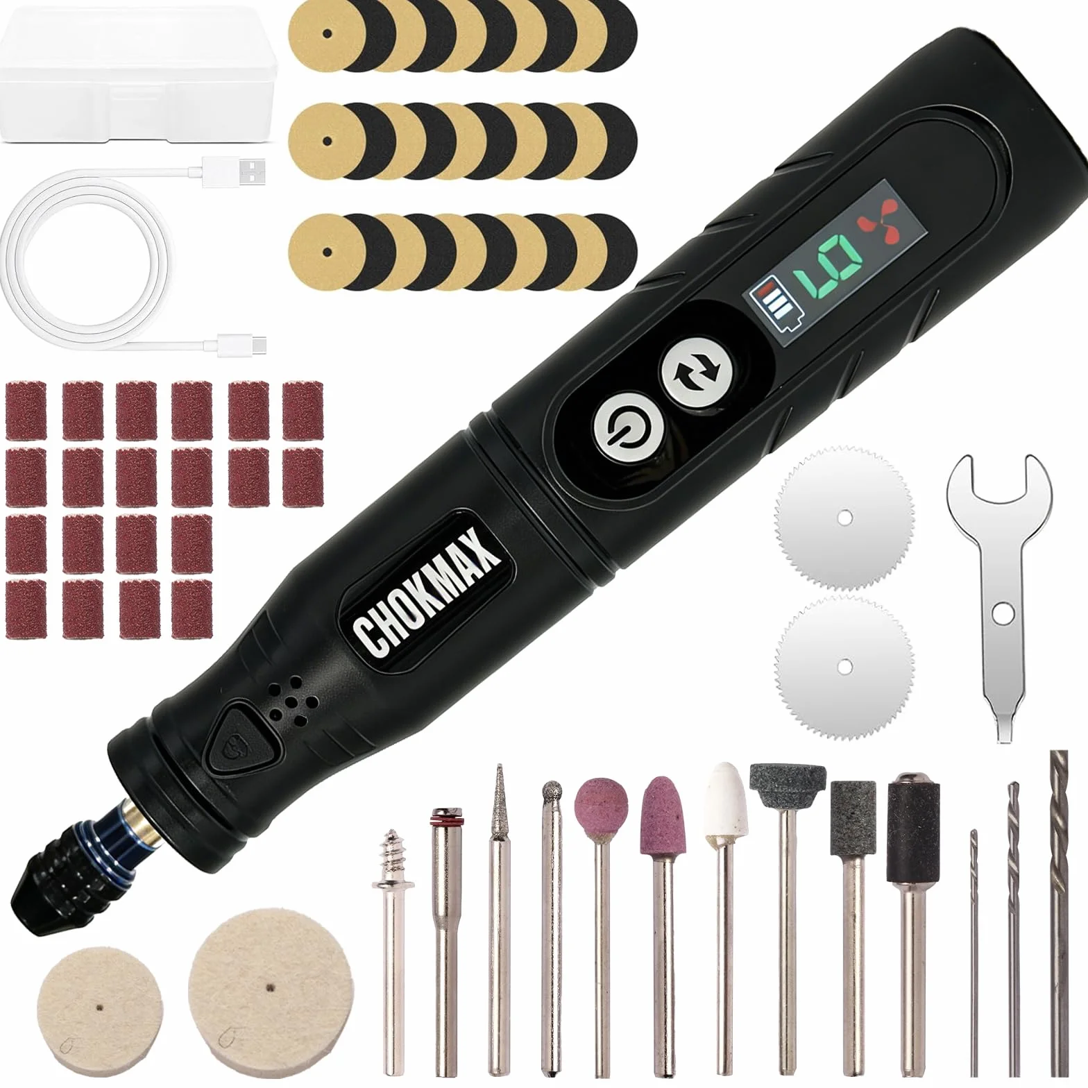Smerigliatrice senza fili 6 velocità con display, pinza universale e LED, 68 accessori