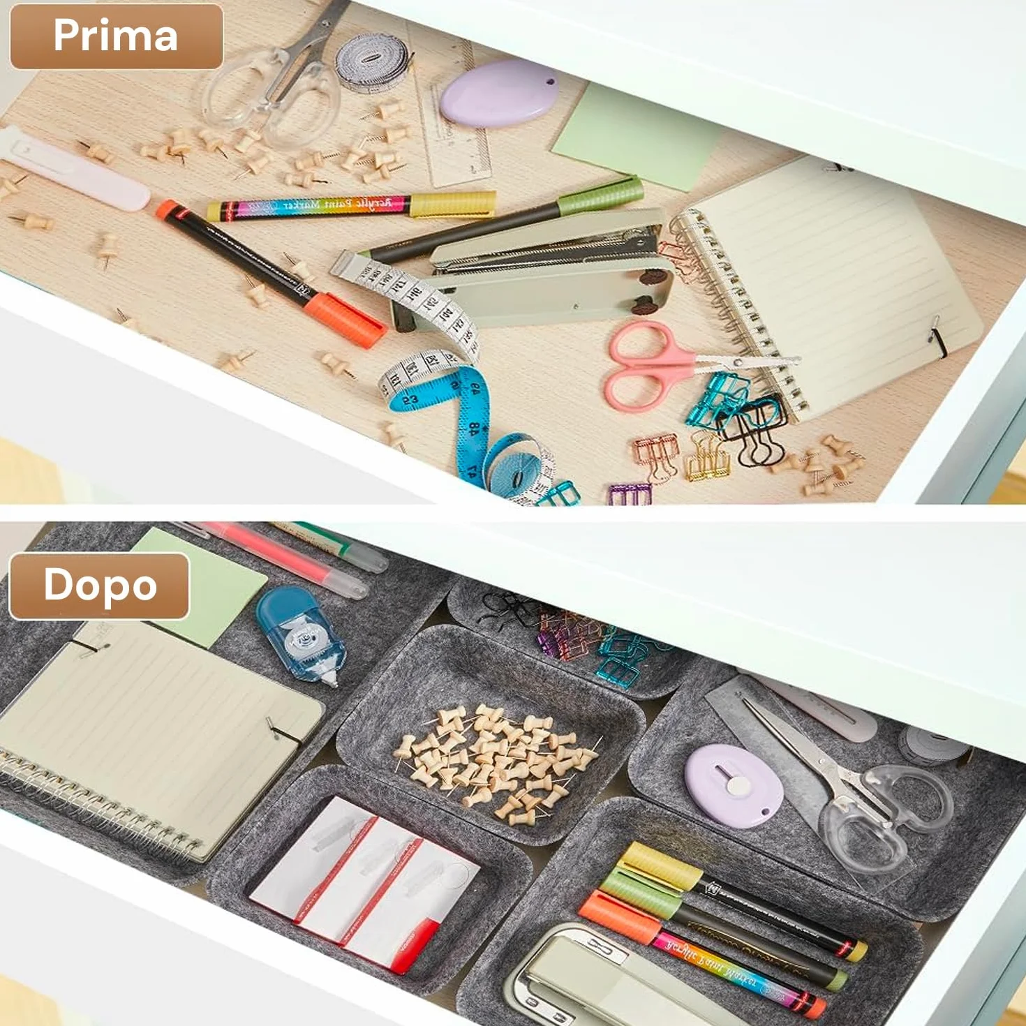 Wintem 8 Contenitori Portaoggetti in Feltro Grigio - Set Organizer Diverse Forme e Misure Ideali per Scrivania, Armadi e Cassetti - Ottimo per Ordinare non Solo l'Abbigliamento ma Anche Utensili
