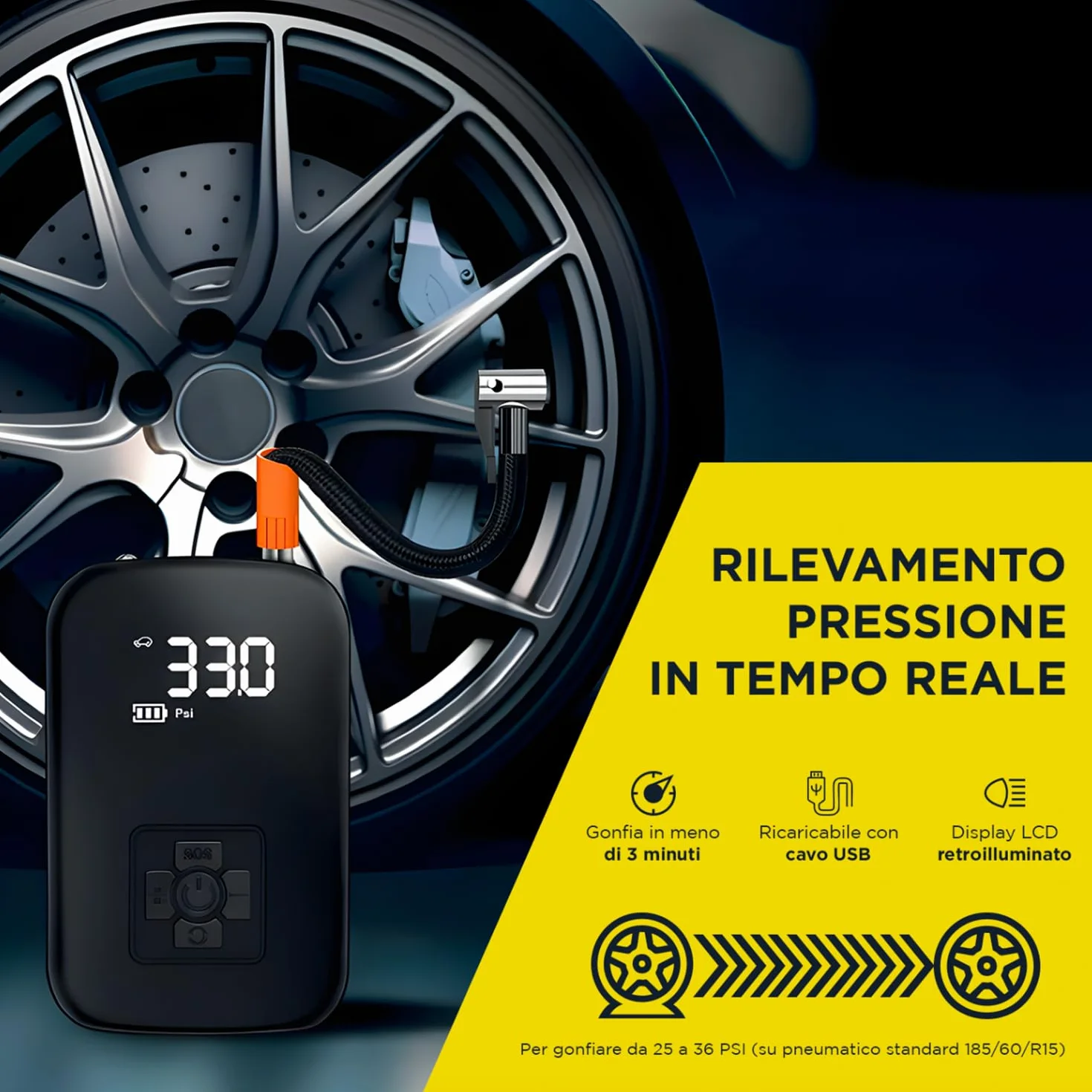 Compressore Aria Portatile Wireless - Mini Gonfiatore Elettrico Digitale per Auto, Moto, Bici e Palloni - Torcia LED e Spegnimento Automatico - Pompa Portatile Multifunzione con Display LCD