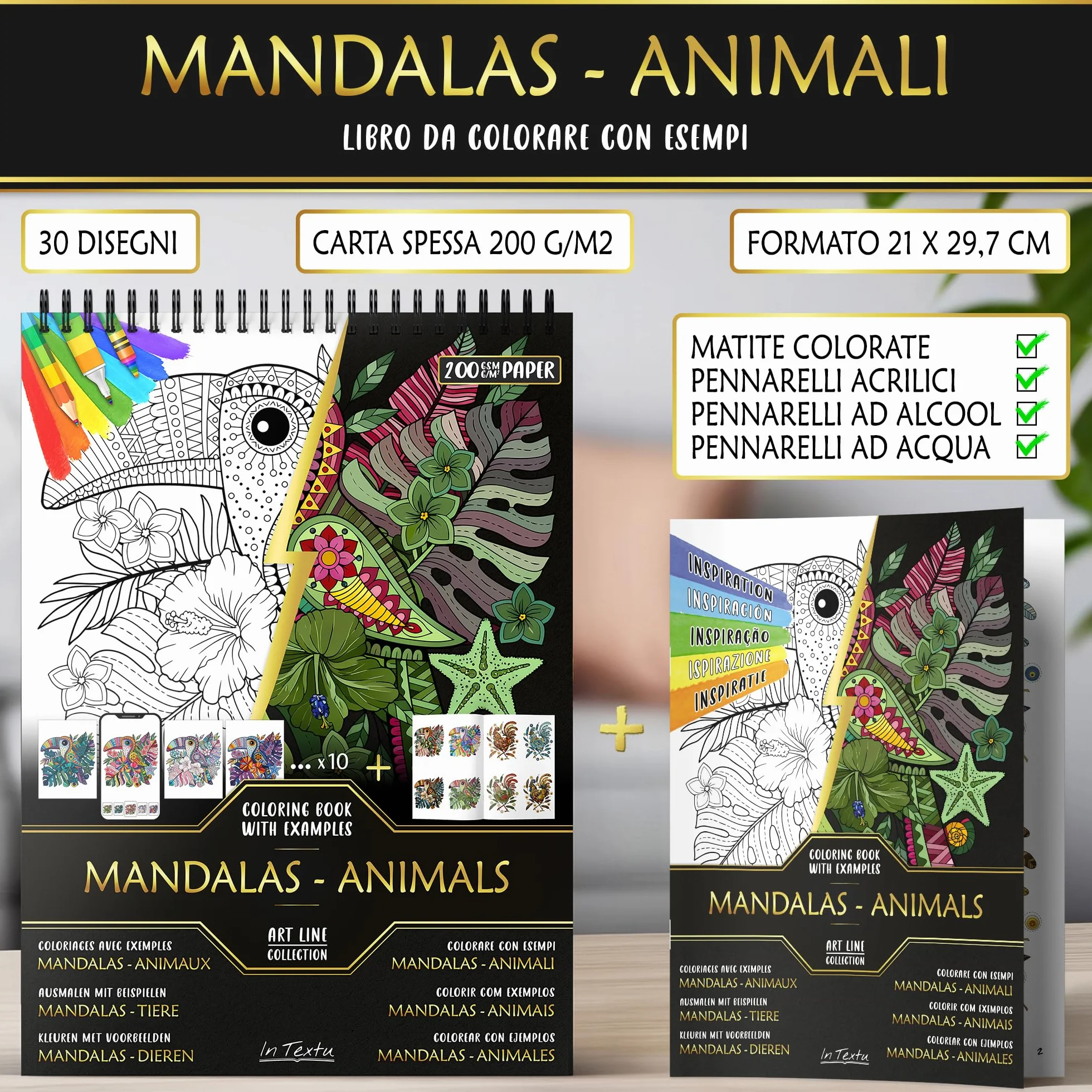 In Textu – Mandala – Animali – Libro da colorare per adulti e adolescenti con esempi colorati ispiratrici – Carta Premium 200 g/m² – rilegatura a spirale fine – quaderno per colorare e rilassarsi.