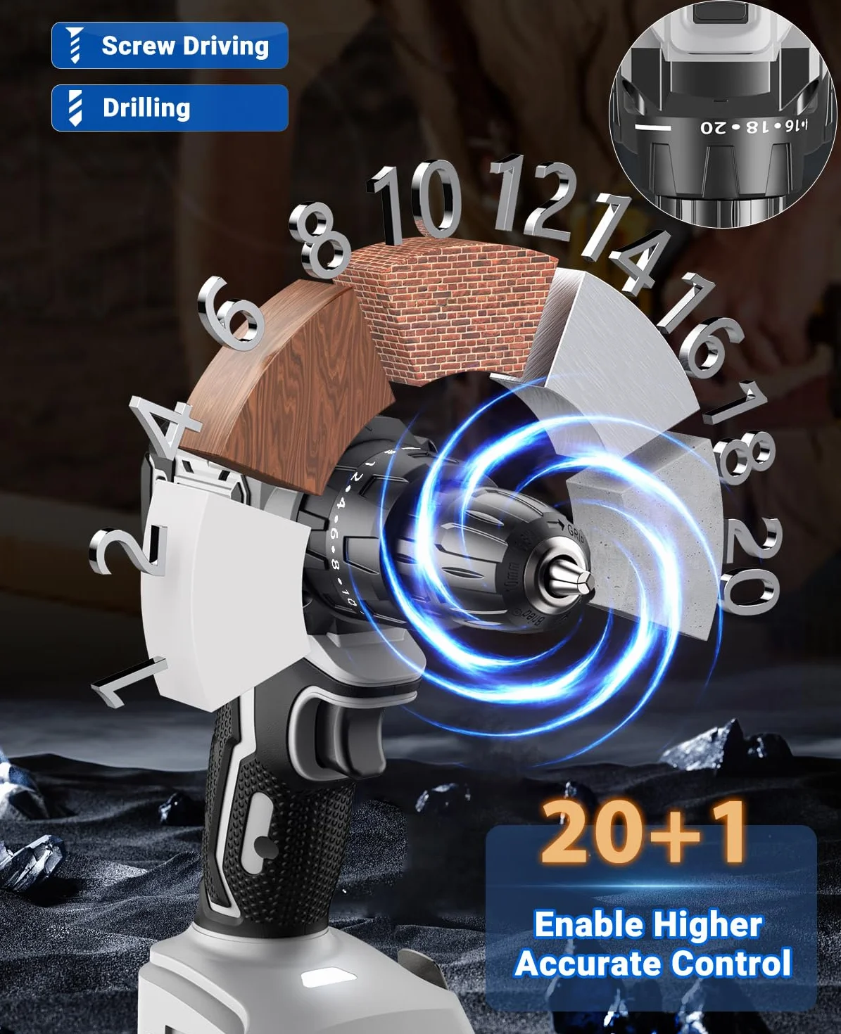 Trapano Avvitatore Batteria 21V, Brushless Avvitatore a Batteria con 2 Batterie da 2.0Ah, 45N.m di Coppia, 2 Velocità, 20+1 Coppia, 14 Accessori, Luce a LED, Per il fai da te, Grigio