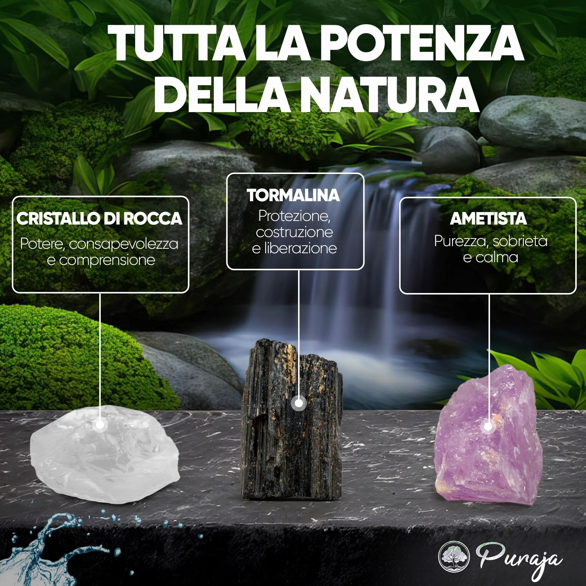 Set di pietre curative autentiche: Cristallo di rocca, Tormalina, Ametista