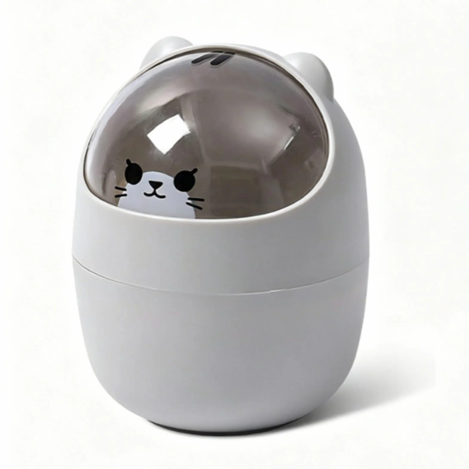 Simpatico mini cestino da scrivania, cestino per la carta straccia a forma di animale di gatto dei cartoni animati con coperchio basculante Mini pattumiera da appoggio Piccolo bidone della(Grigio)
