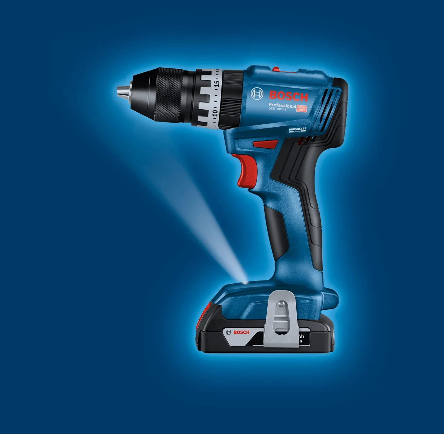 Bosch Professional 18V System Trapano avvitatore con percussione a batt. GSB 18V-45 (velocità di rotazione di 1.900 giri/min, 2 batt. da 2.0 Ah, accessori, GAL 18V-20, L-Case) - Amazon Exclusive Set