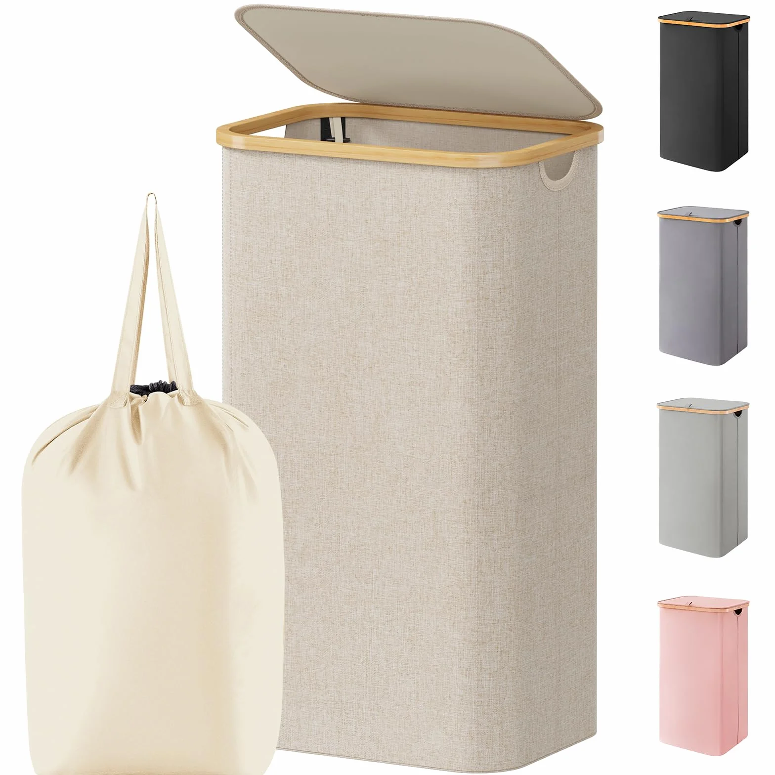 Lifewit Cesta Portabiancheria 100 L con Coperchio, Grande Cesto Biancheria Pieghevole in Bambù con Sacco Interno, Portabiancheria Salvaspazio, Laundry Basket per Camera da Letto, Bagno, Beige