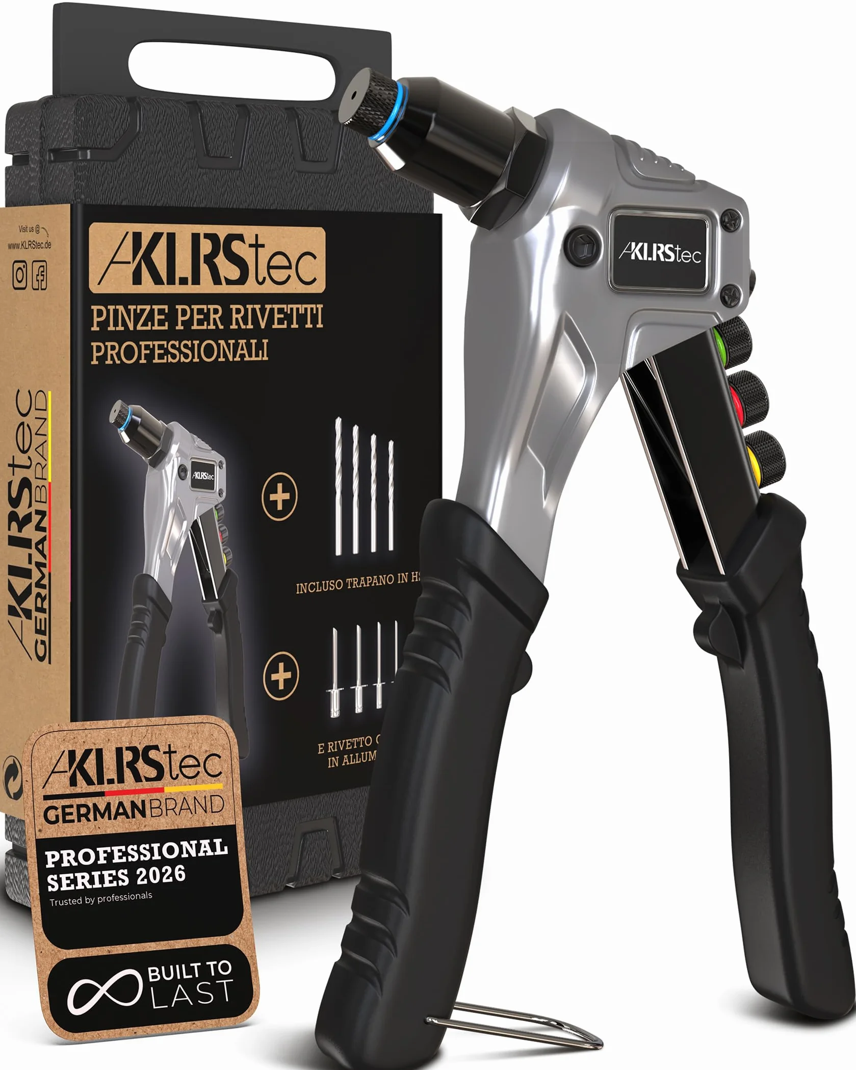 KLRStec® Pinze professionali per rivetti inclusi 120 rivetti e 4 perforatori HSS - Tenaglia per rivetti a strappo di alta qualità per lavorare con i rivetti ciechi