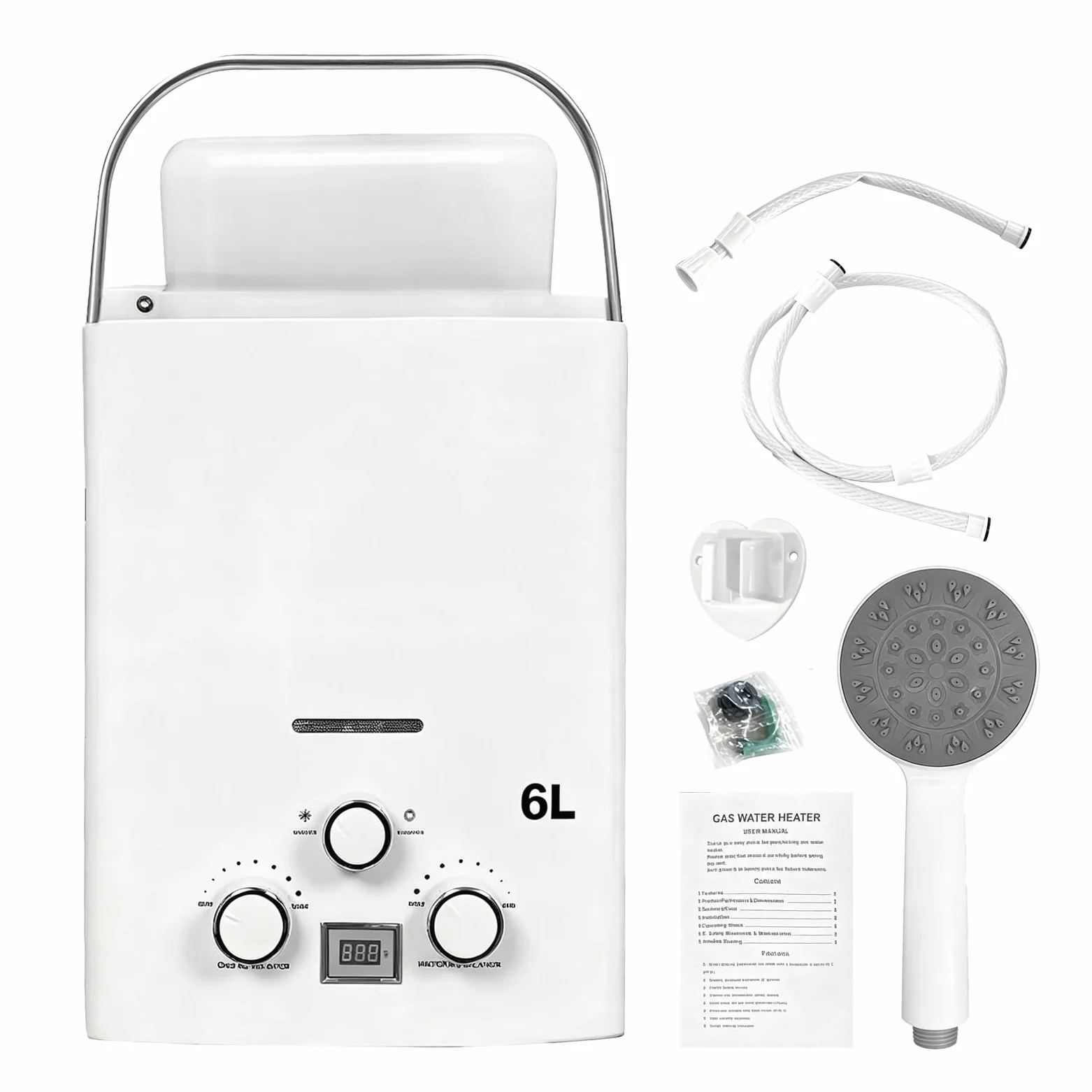 Scaldabagno A Gas Istantaneo Da 6 Litri, 12 Kw Portatile Per Camper E Roulotte Con Maniglia E Soffione Doccia Per Esterni Giardino Campeggio Caravan 40x30x13 Cm