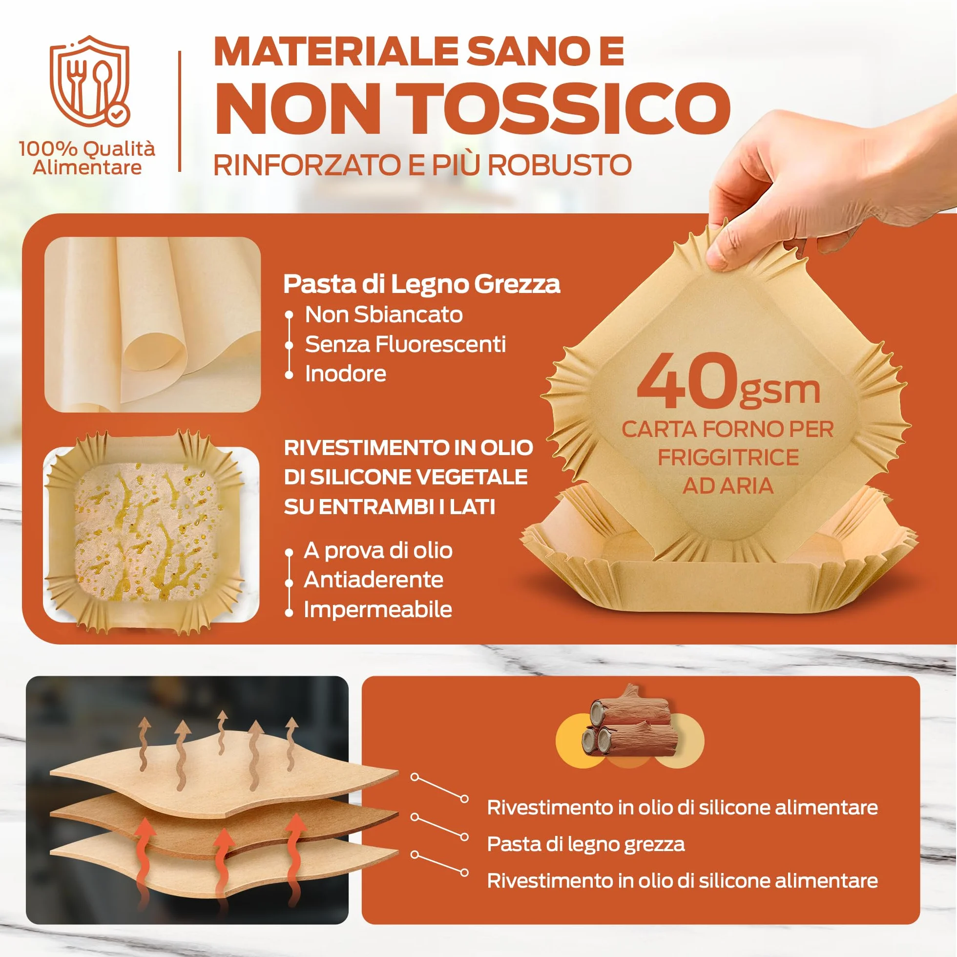 PORTENTUM Carta forno per friggitrice ad aria 100 unità quadrate 20–24 cm 5–8 L BPA Free
