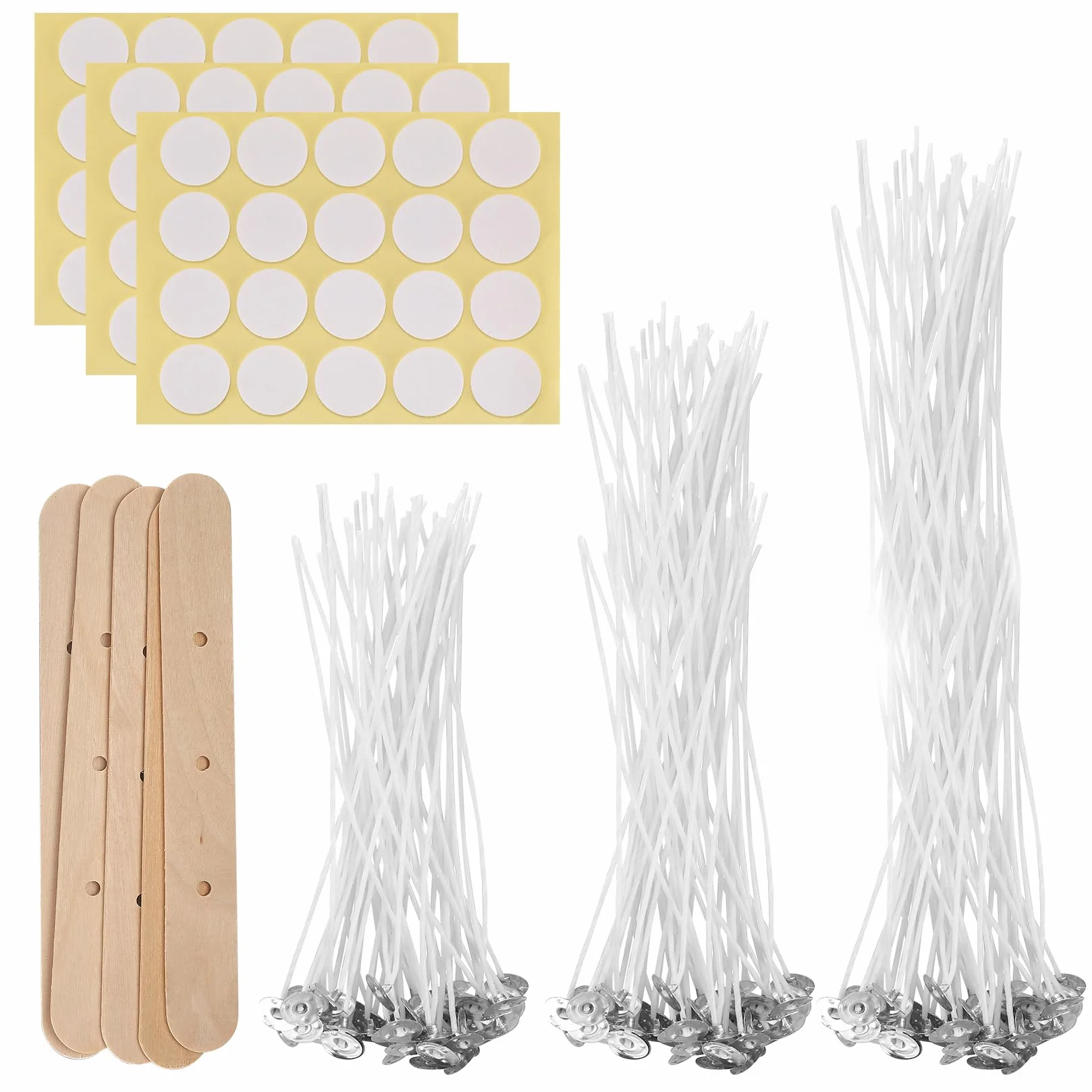 150 Pezzi Stoppini per Candele, Stoppini in Cotone per Candele da 10cm/15cm/20cm, Stoppino per Candele Naturali con Porta Stoppino in Legno e Adesivi per Stoppini Bifacciali, per Fare Candele