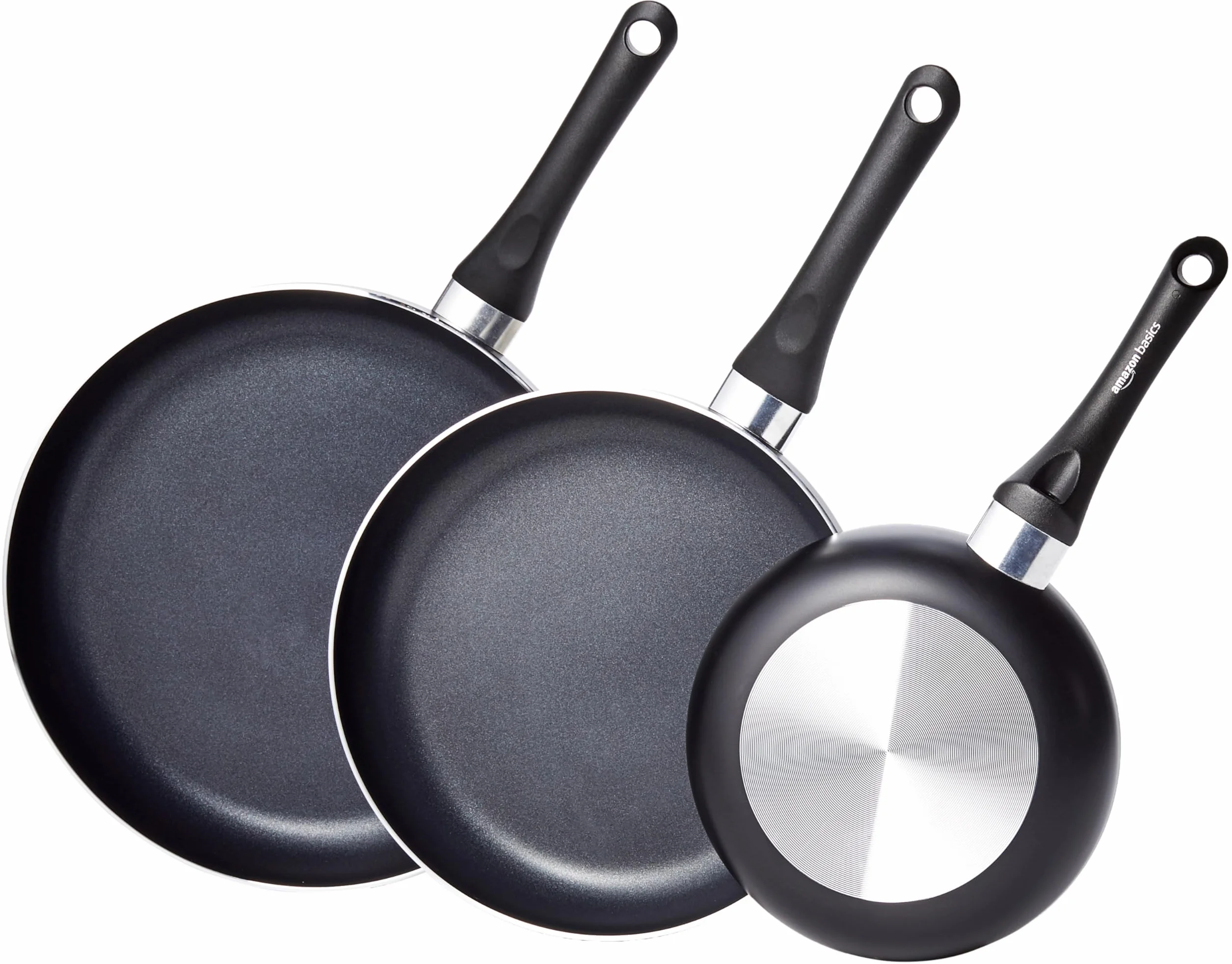 Amazon Basics 3 unità padelle con rivestimento antiaderente, 20 cm, 25 cm e 30 cm, Nero