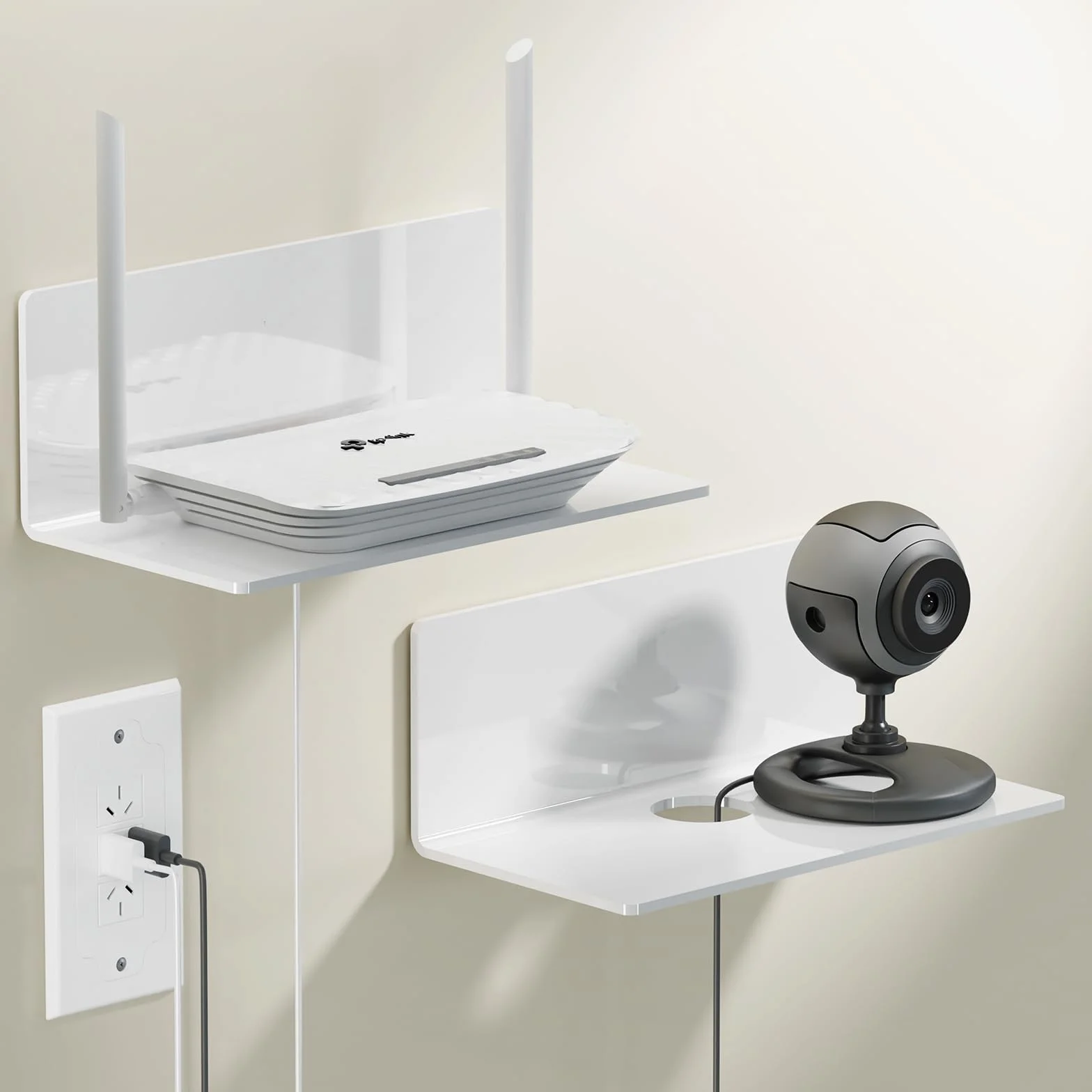 Toski Set di 2 mensole autoadesive da parete, senza foratura, larghezza 23 cm, in acrilico, per bagno, soggiorno, camera da letto, cucina, ufficio, bianco